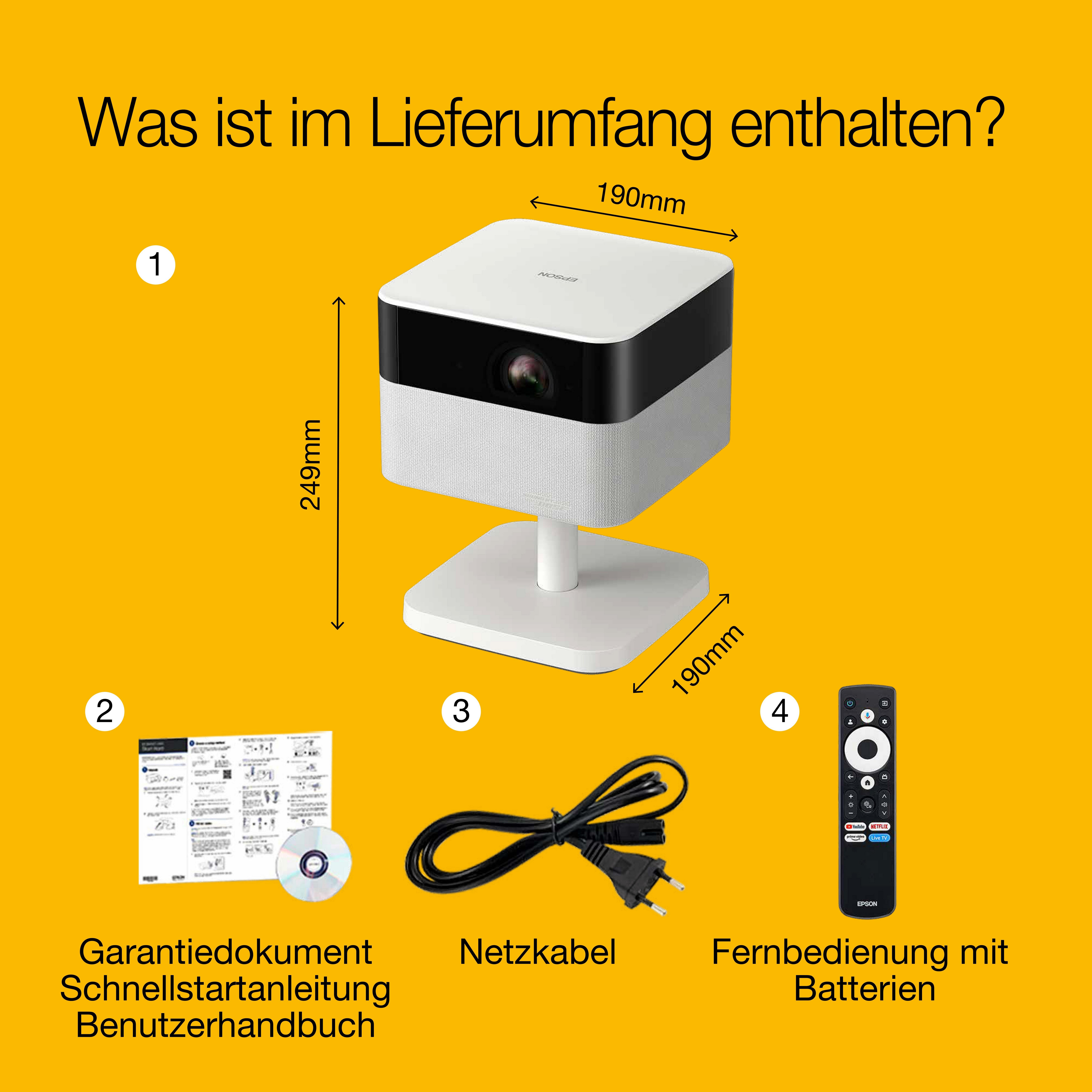 Epson Lifestudio Flex EF-71 Diamantweiß, tragbarer Smart-Projektor, Sound by Bose, Google TV, Full HD, verstellbarer Stand, Verwendung im Innen- und Außenbereich, 5 Jahre Geräteschutz* whats in the box