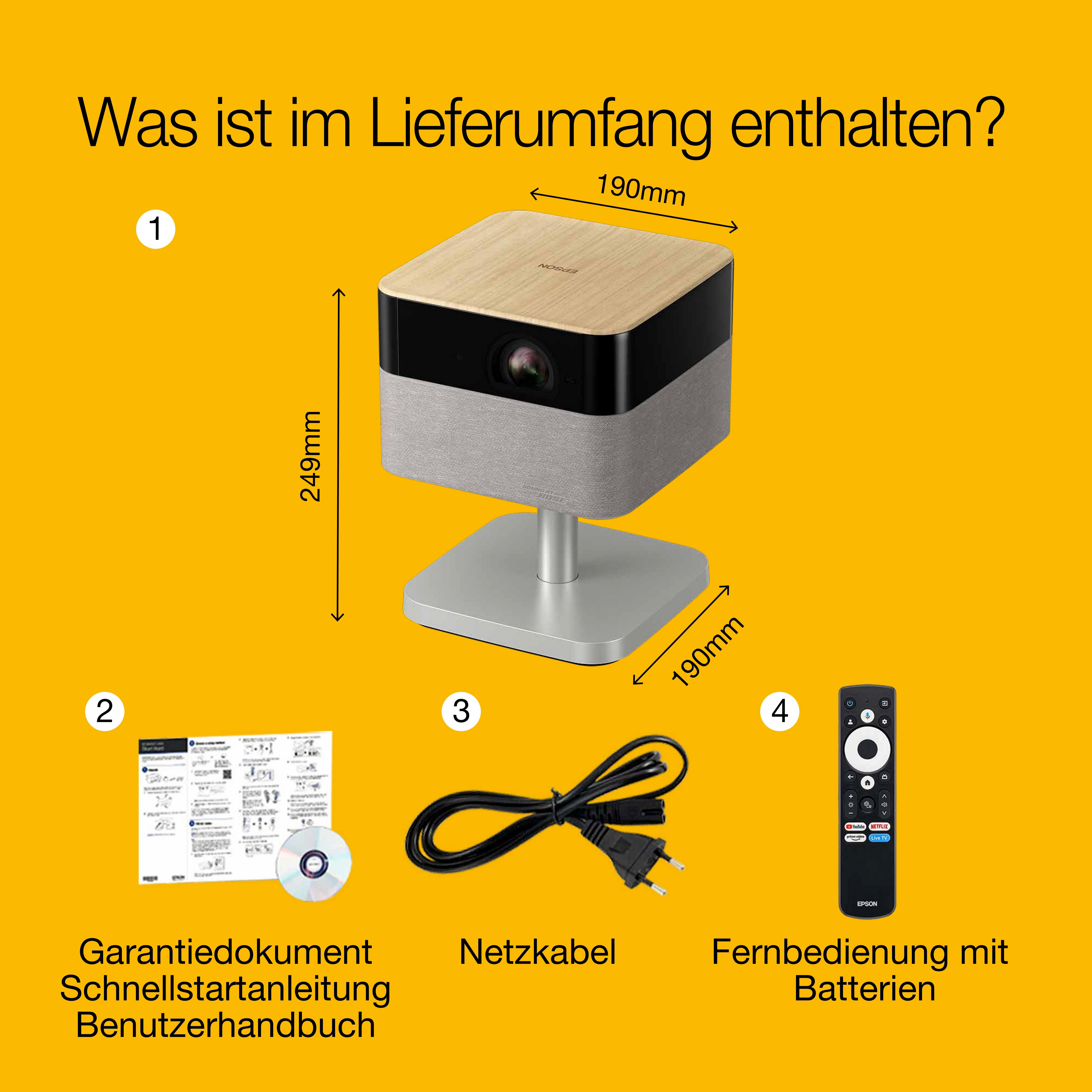 Epson Lifestudio Flex EF-72 Eiche, tragbarer Smart-Projektor, Sound by Bose, Google TV, 4K Pro UHD, LED-Seitenlampenfunktion, verstellbarer Stand, Verwendung im Innen- und Außenbereich, 5 Jahre Geräteschutz* whats in the box