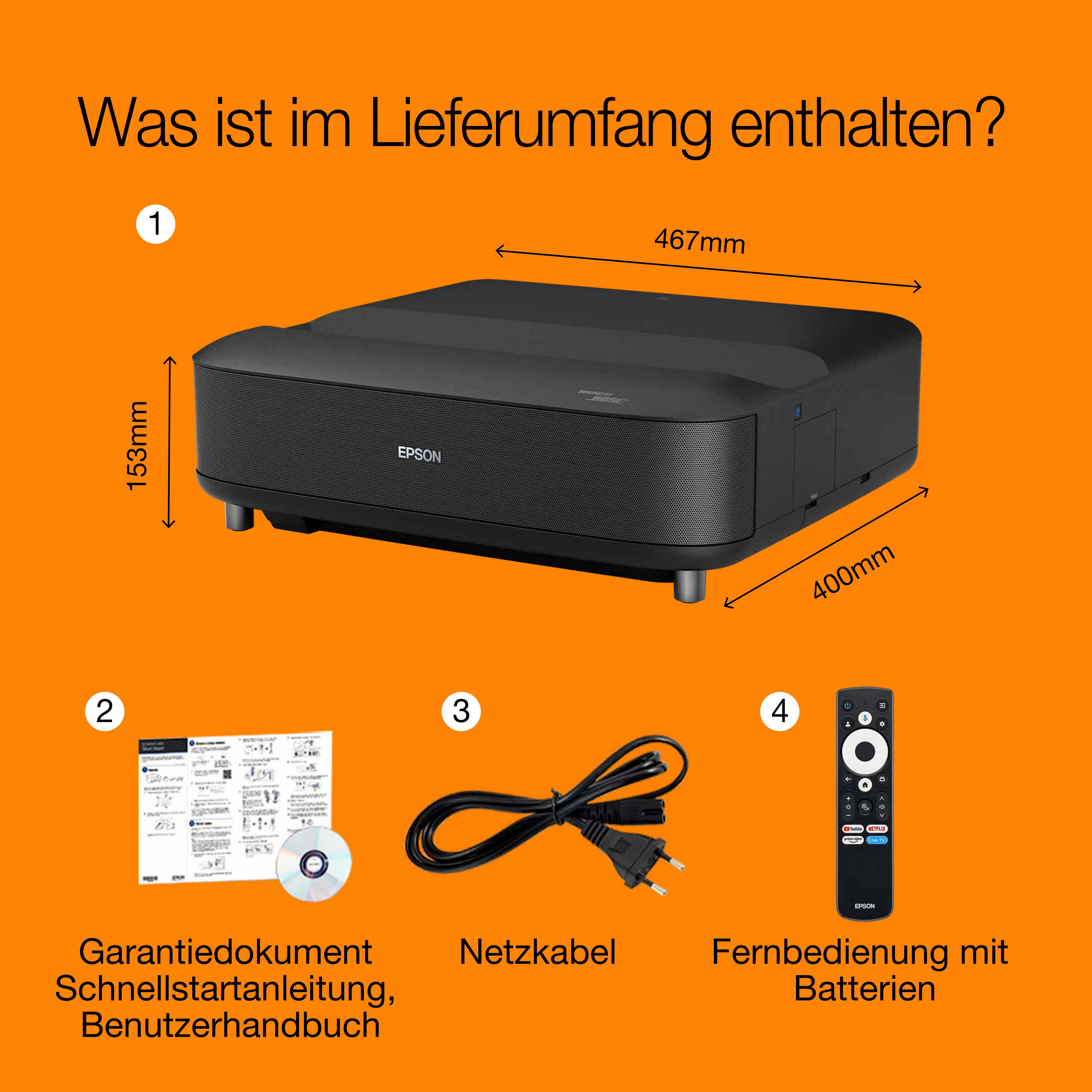 Epson Lifestudio Grand EH-LS670B Metallic-Schwarz, Smart-Laserprojektor mit Ultrakurzdistanz-Projektion, 4K PRO-UHD, Sound by Bose, Google TV, Projektionsfläche von bis zu 120 Zoll, Geräteschutz von 5 Jahren* whats in the box