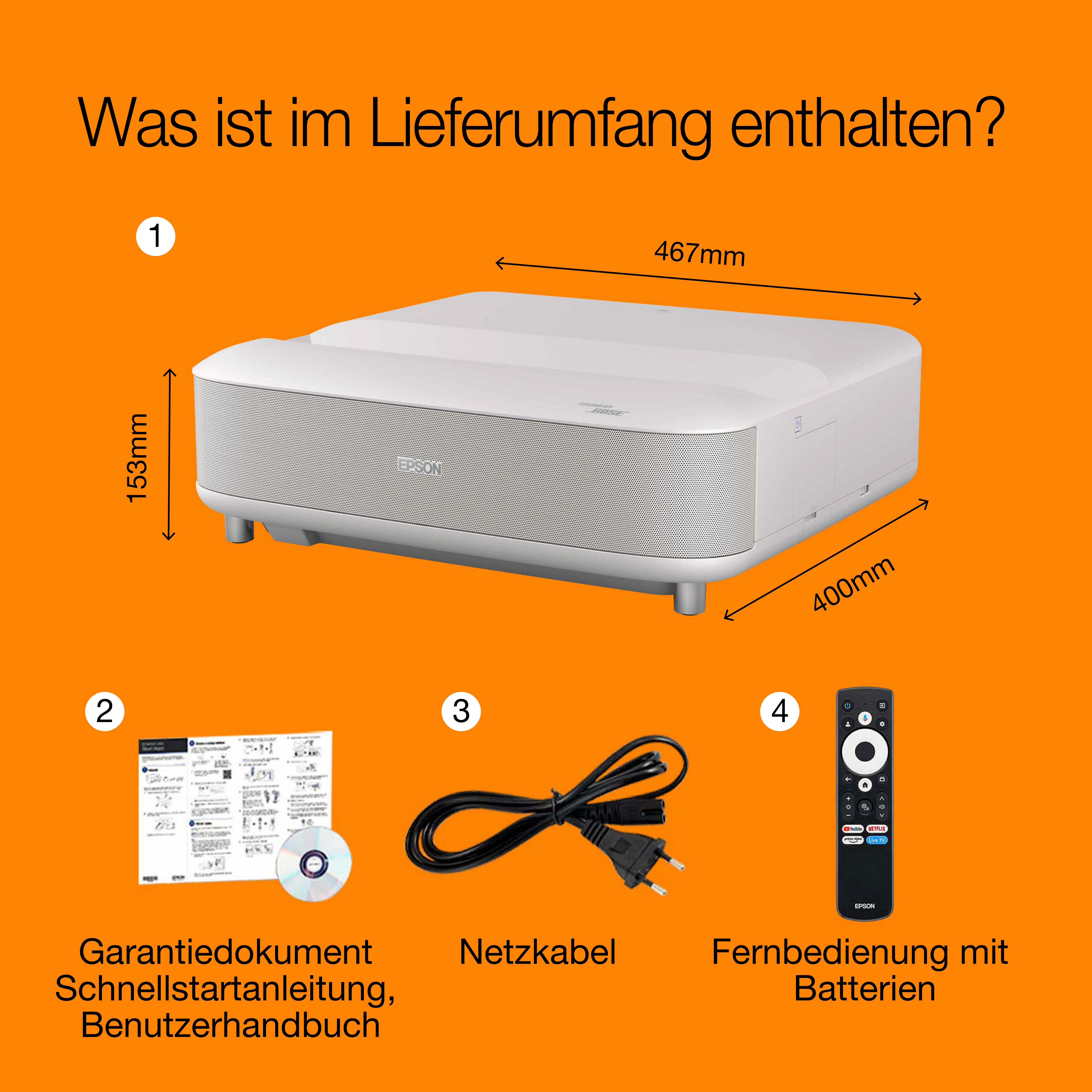 Epson Lifestudio Grand EH-LS670W Diamantweiß, Smart-Laserprojektor mit Ultrakurzdistanz-Projektion, 4K PRO-UHD, Sound by Bose, Google TV, Projektionsfläche von bis zu 120 Zoll, Geräteschutz von 5 Jahren* whats in the box