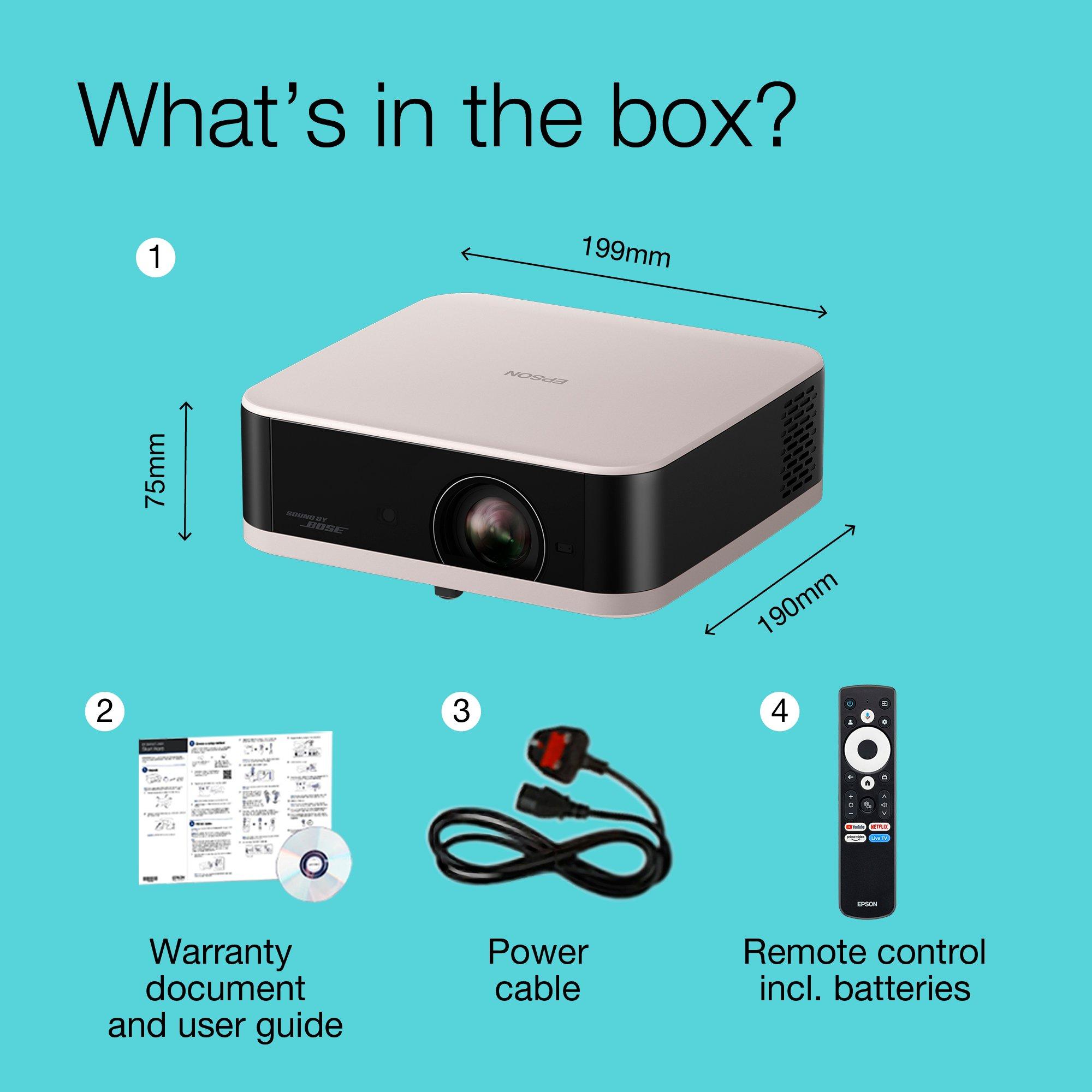 Rožnati kremen Epson Lifestudio Pop EF-61R, prenosni projektor Smart, Sound by Bose, Google TV, Full HD, uporaba v zaprtih prostorih/na prostem, 5-letna garancija* whats in the box