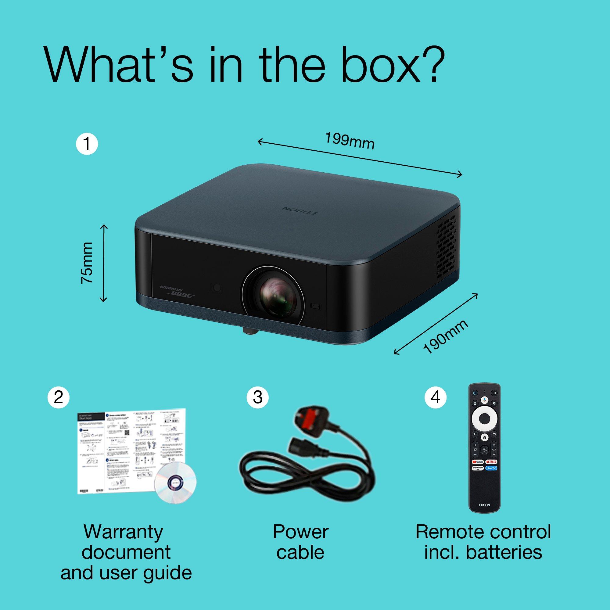 Epson Lifestudio Pop – kovinsko moder EF-62N, prenosni projektor Smart, Sound by Bose, Google TV, 4k Pro-UHD, uporaba v zaprtih prostorih/na prostem, 5-letna garancija* whats in the box