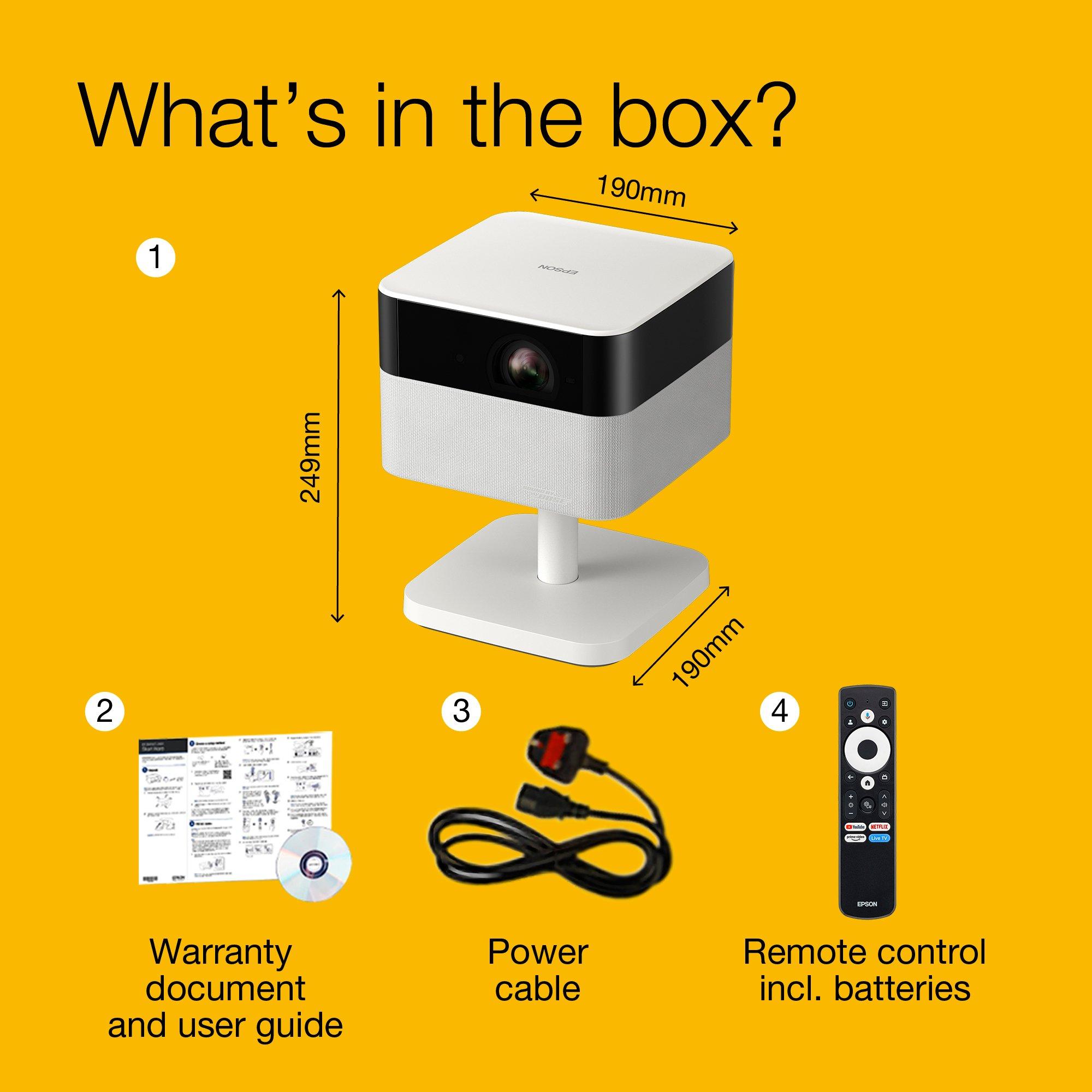 Lifestudio Flex Epson Diamentowa bielEF-71, przenośny projektor Smart, Sound by Bose, Google TV, Full HD, regulowany stojak, do użytku wewnątrz / na zewnątrz, 5-letnia gwarancja* whats in the box