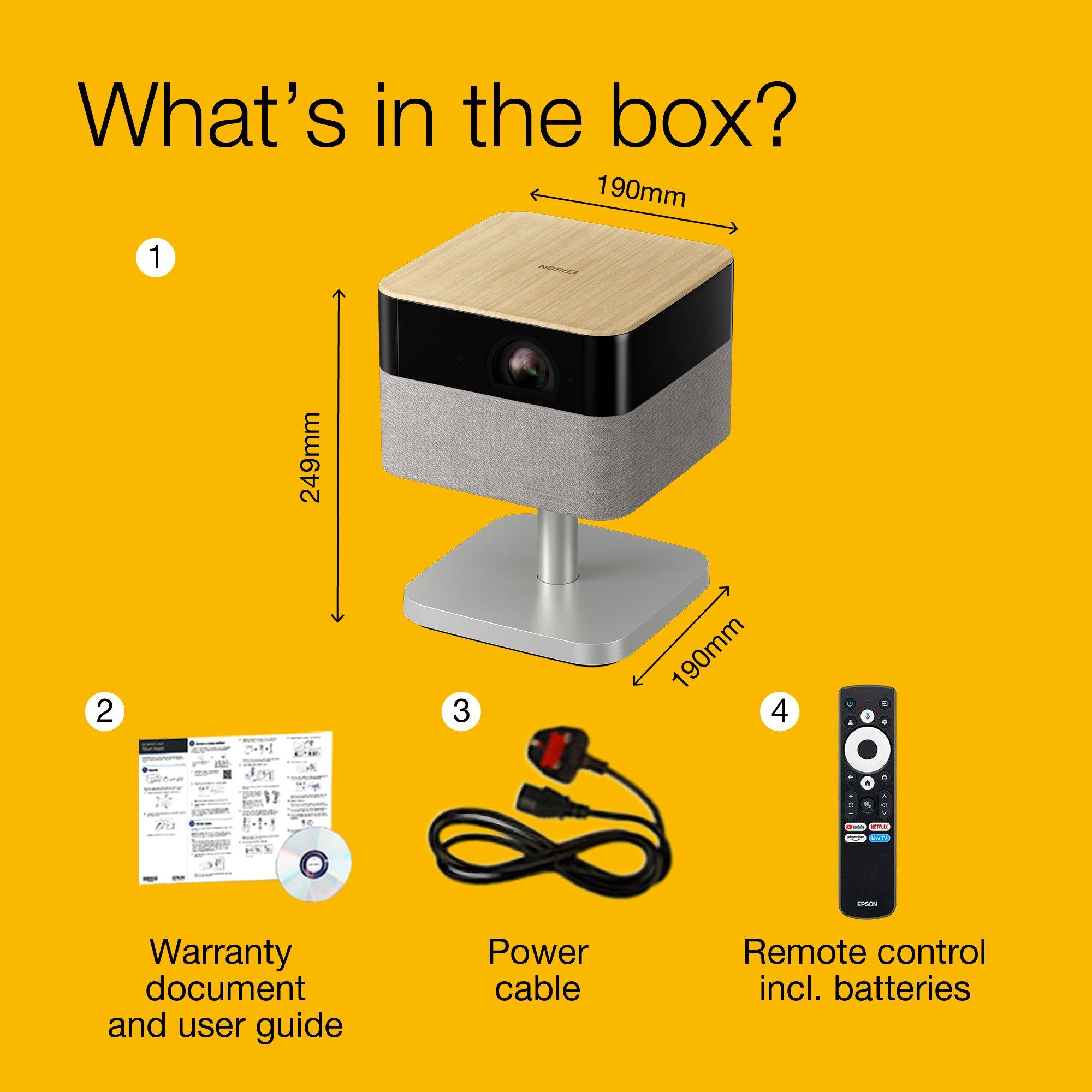 Epson Lifestudio Flex EF-72 Hrast, prenosivi smart projektor, Sound by Bose, Google TV, 4K Pro UHD, LED funkcija bočne svjetiljke,  podesivi stalak, upotreba u zatvorenom i na otvorenom, petogodišnje jamstvo* whats in the box