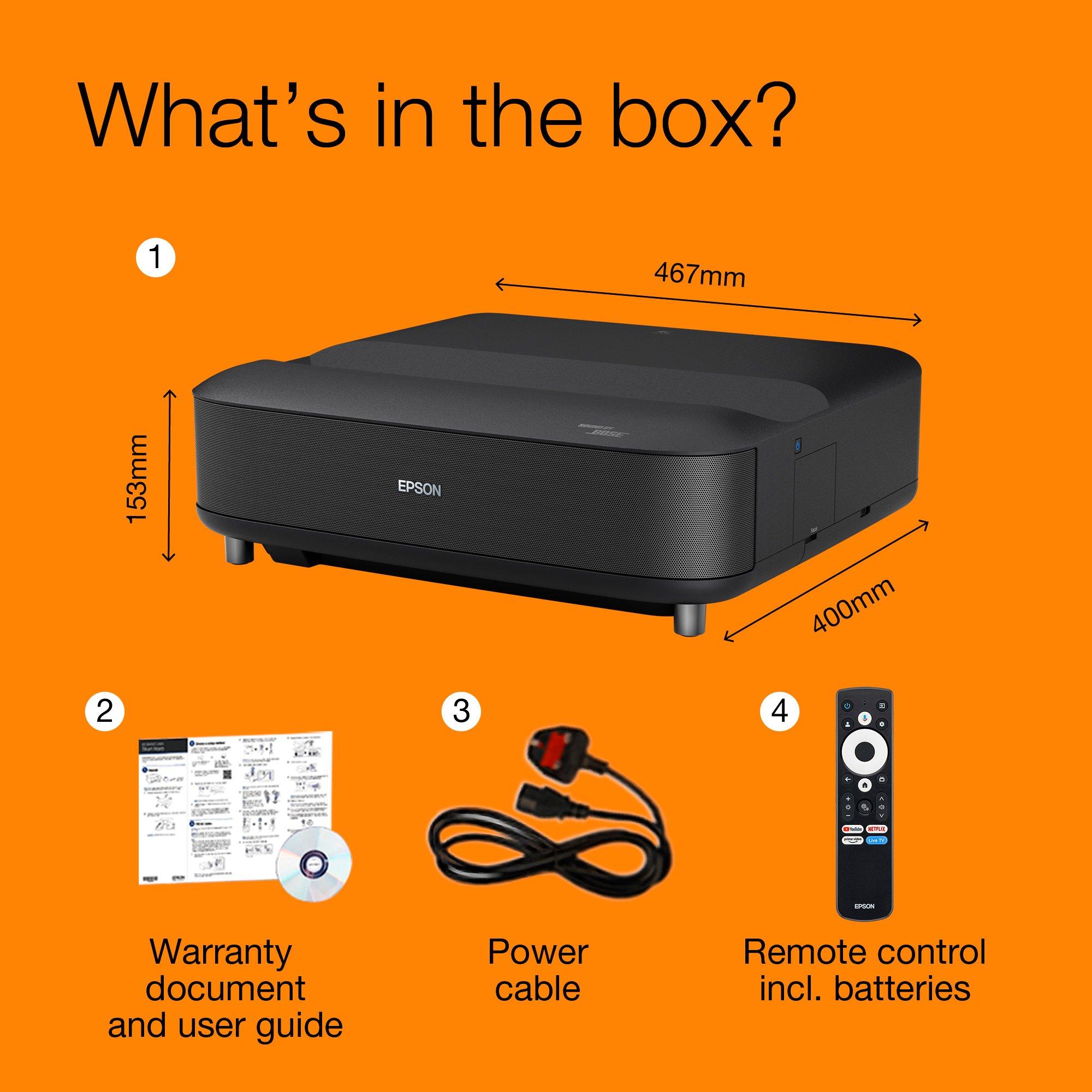 Epson Lifestudio Grand – kovinsko črn EH-LS670B, laserski projektor Smart z ultra kratko projicirno razdaljo, 4K PRO UHD, ozvočenjem Sound by Bose, Google TV, sliko z diagonalo do 120 palcev, 5-letno garancijo* whats in the box