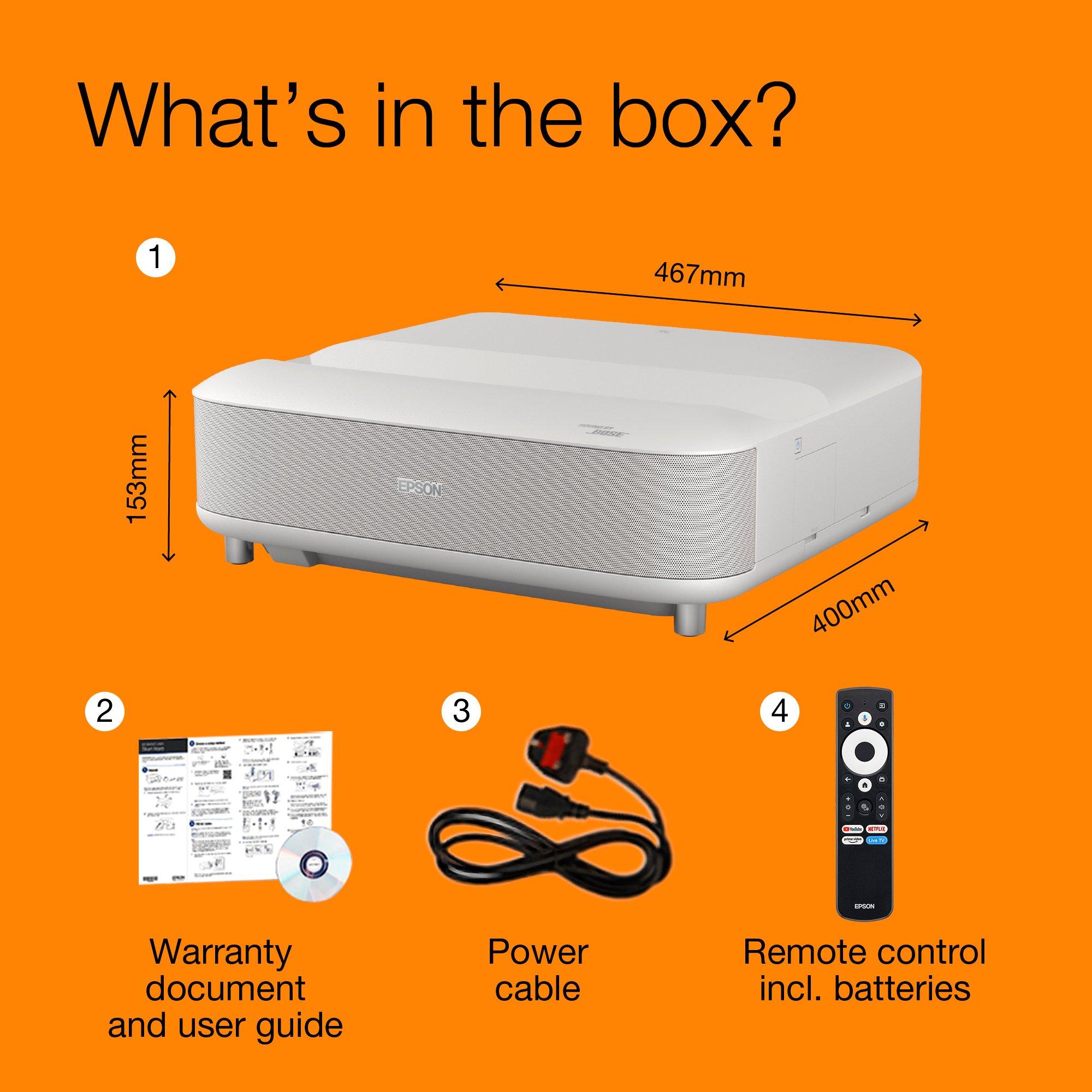 Epson Lifestudio Grand EH-LS670W teemantvalge, üliväikse projitseerimiskaugusega nutikas laserprojektor, 4K PRO UHD, Sound by Bose, Google TV, kuni 120″ ekraanisuurus, 5-aastane garantii* whats in the box