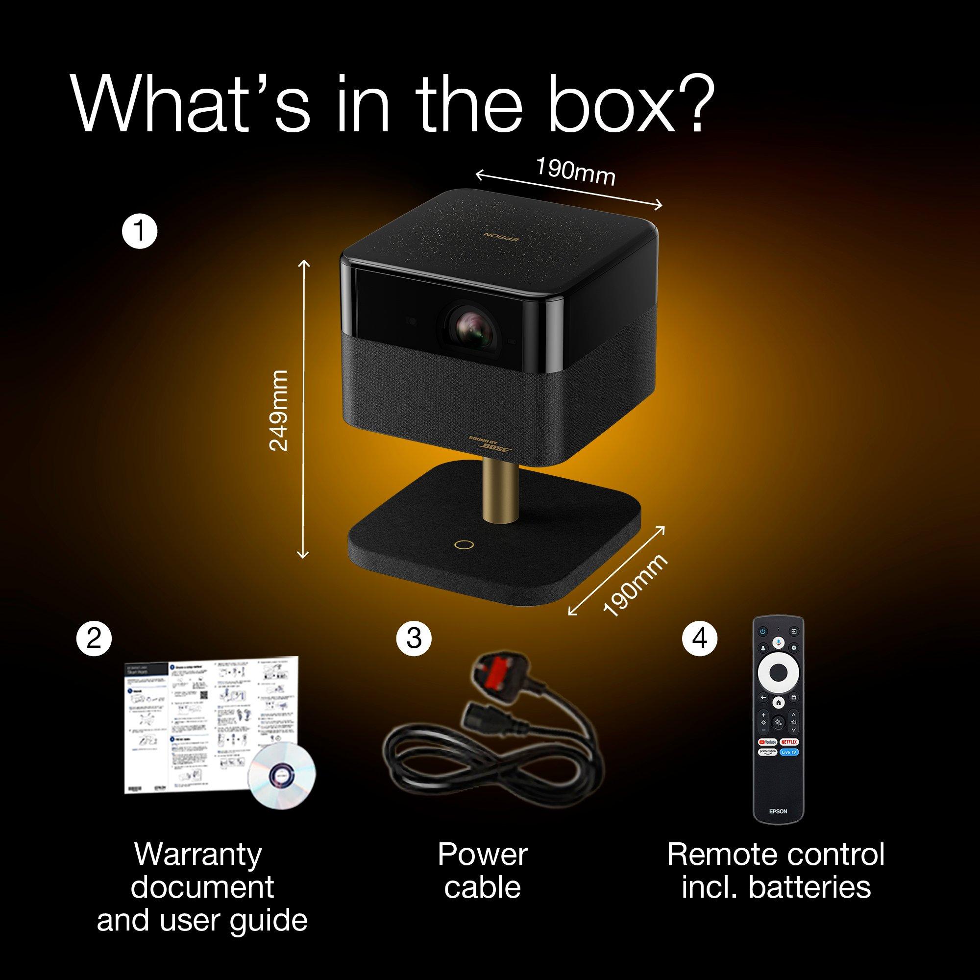 Epson Lifestudio Flex Special Lux Edition – EF-73 Nero notte, videoproiettore smart portatile, Sound by Bose, Google TV, 4K Pro UHD, ricarica wireless mobile, uso interno/esterno, garanzia di 5 anni* whats in the box