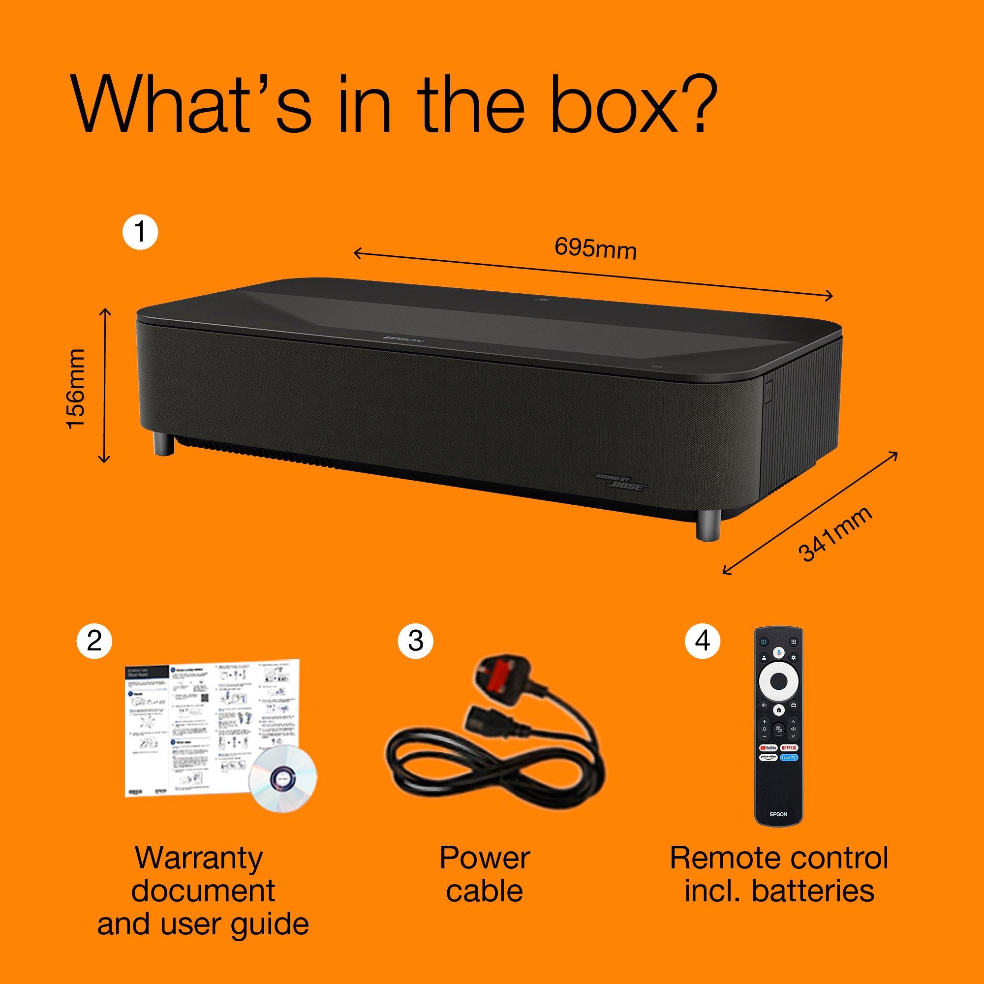 Epson Lifestudio Grand Plus EH-LS970B, noir métallique, projecteur laser intelligent à ultracourte focale, résolution home cinéma 4K , Sound by Bose, Google TV whats in the box