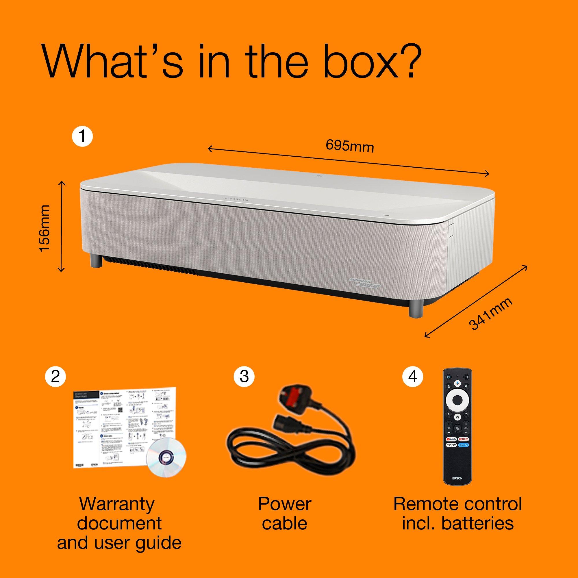 Epson Lifestudio Grand Plus EH-LS970W, Blanc diamant, projecteur laser intelligent à ultracourte focale, résolution home cinéma 4K , Sound by Bose, Google TV whats in the box