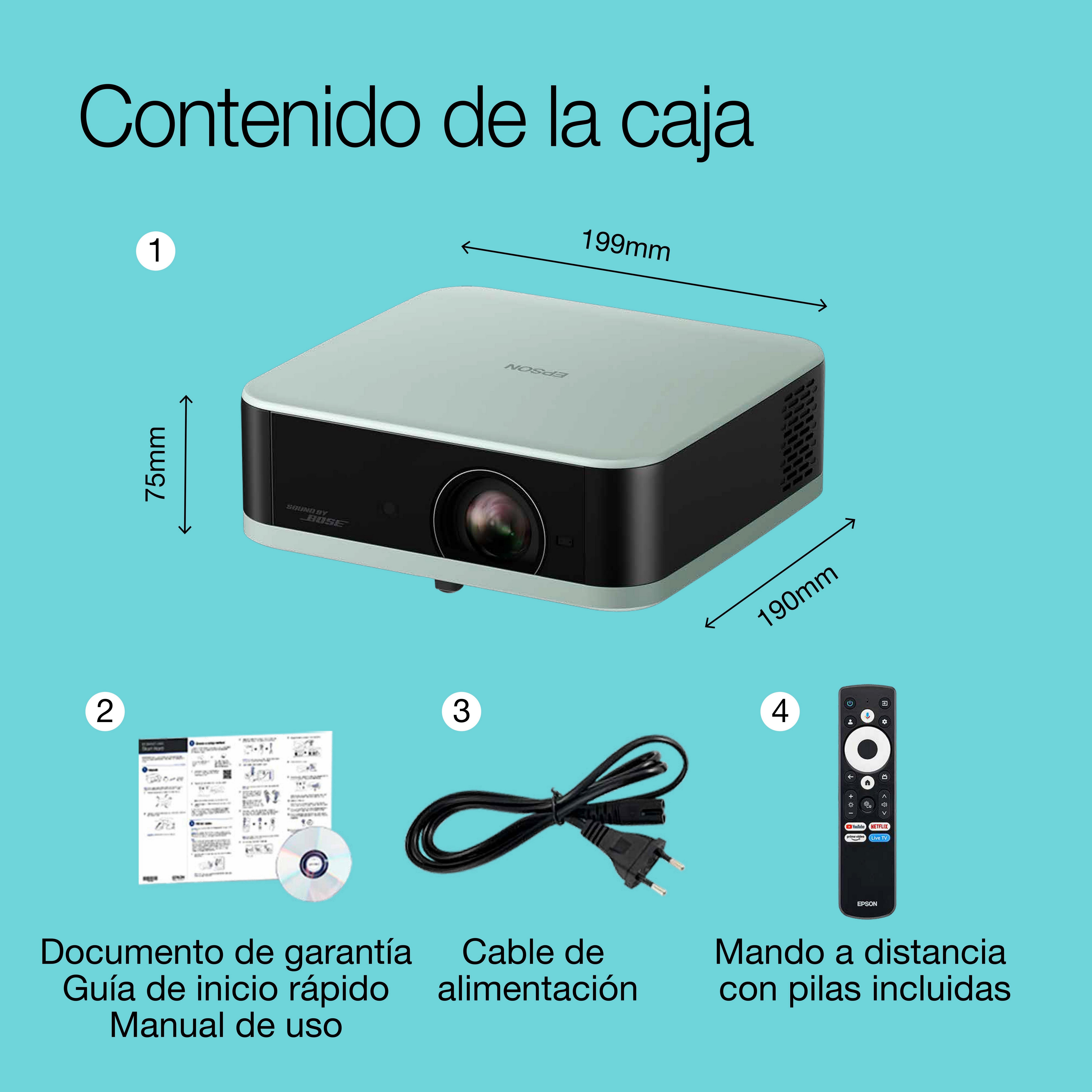 Epson Lifestudio Pop EF-61G Verde hielo, proyector portátil inteligente, Sound by Bose, Google TV, Full HD, uso en interior/exterior, 5 años de garantía* whats in the box