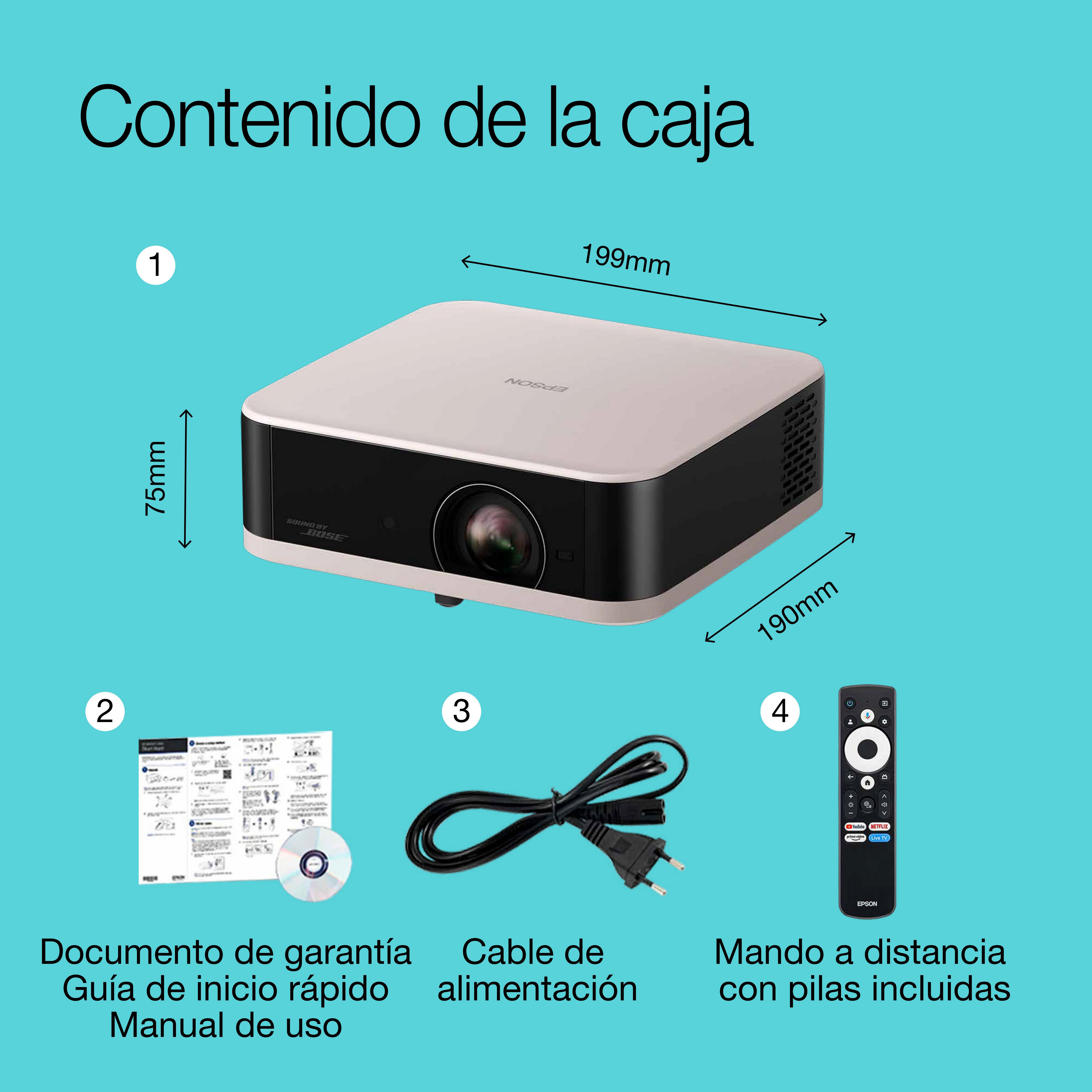 Epson Lifestudio Pop EF-61R Cuarzo rosa, proyector portátil inteligente, Sound by Bose, Google TV, Full HD, uso en interior/exterior, 5 años de garantía* whats in the box