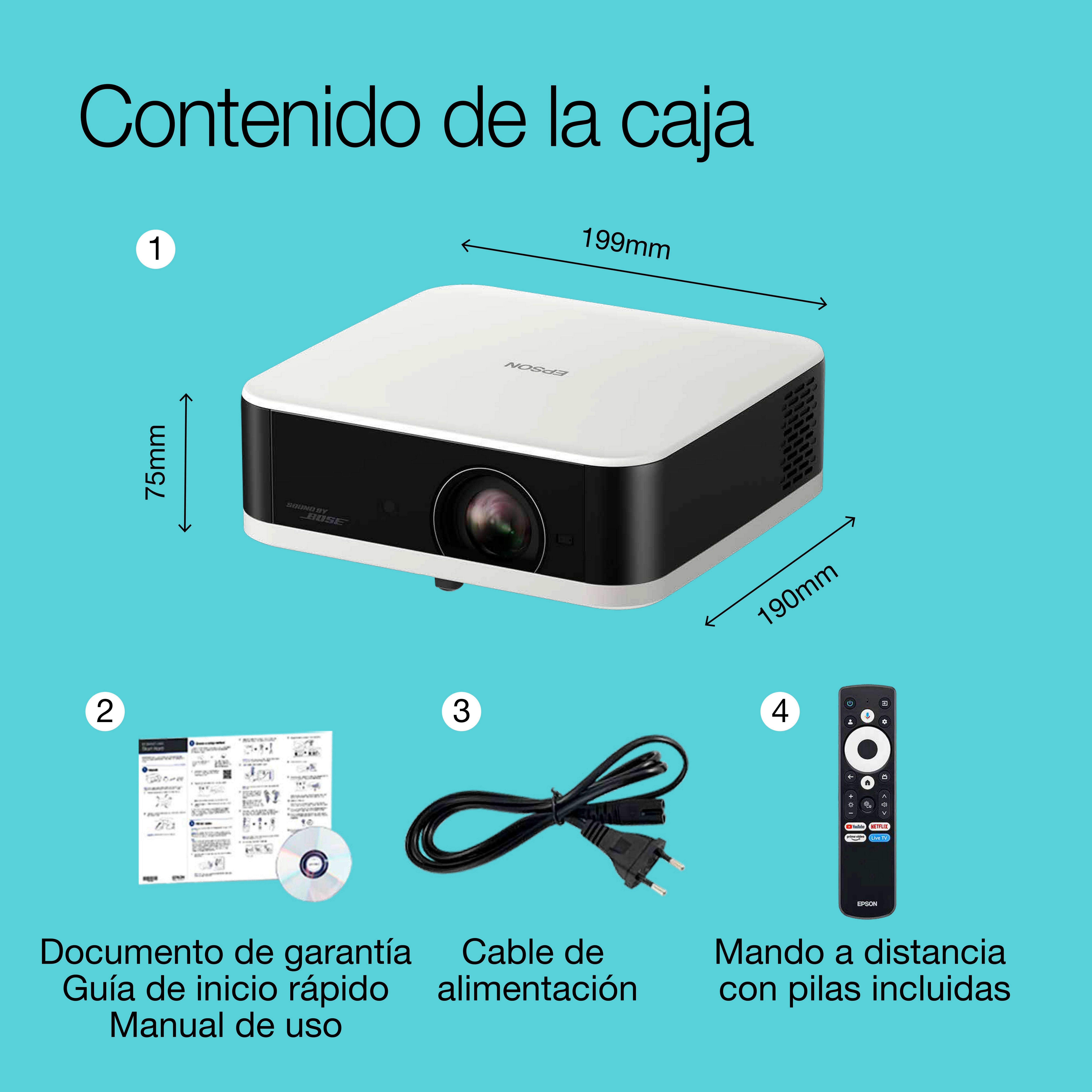 Epson Lifestudio Pop EF-61W blanc diamant, Projecteur portatif smart, Sound by Bose, Google TV, HD intégrale, utilisation en intérieur/extérieur, garantie de 5 ans* whats in the box