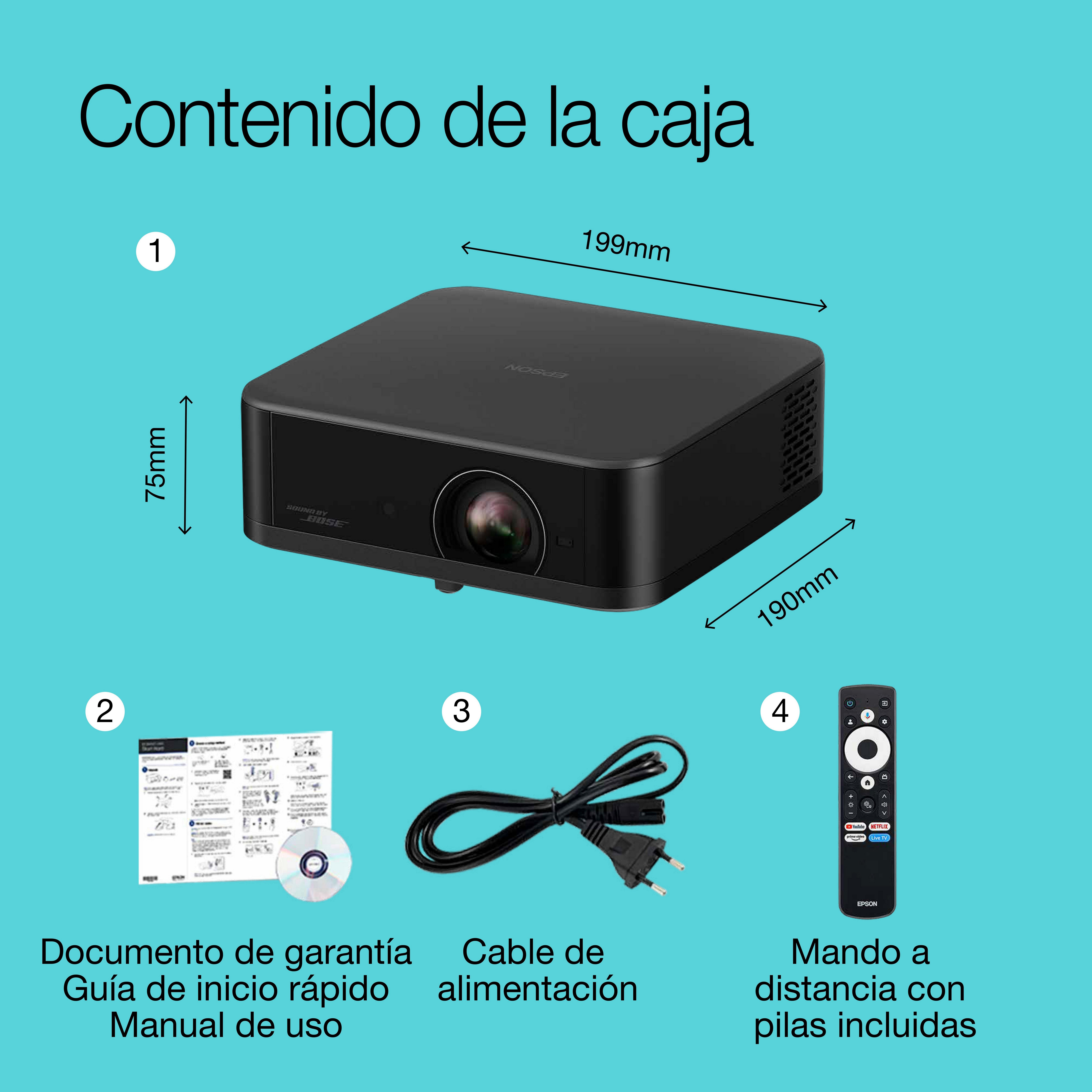 Epson Lifestudio Pop EF-62B, proyector portátil inteligente, Sound by Bose, Google TV, 4K Pro UHD, uso en interior/exterior, 5 años de garantía* whats in the box