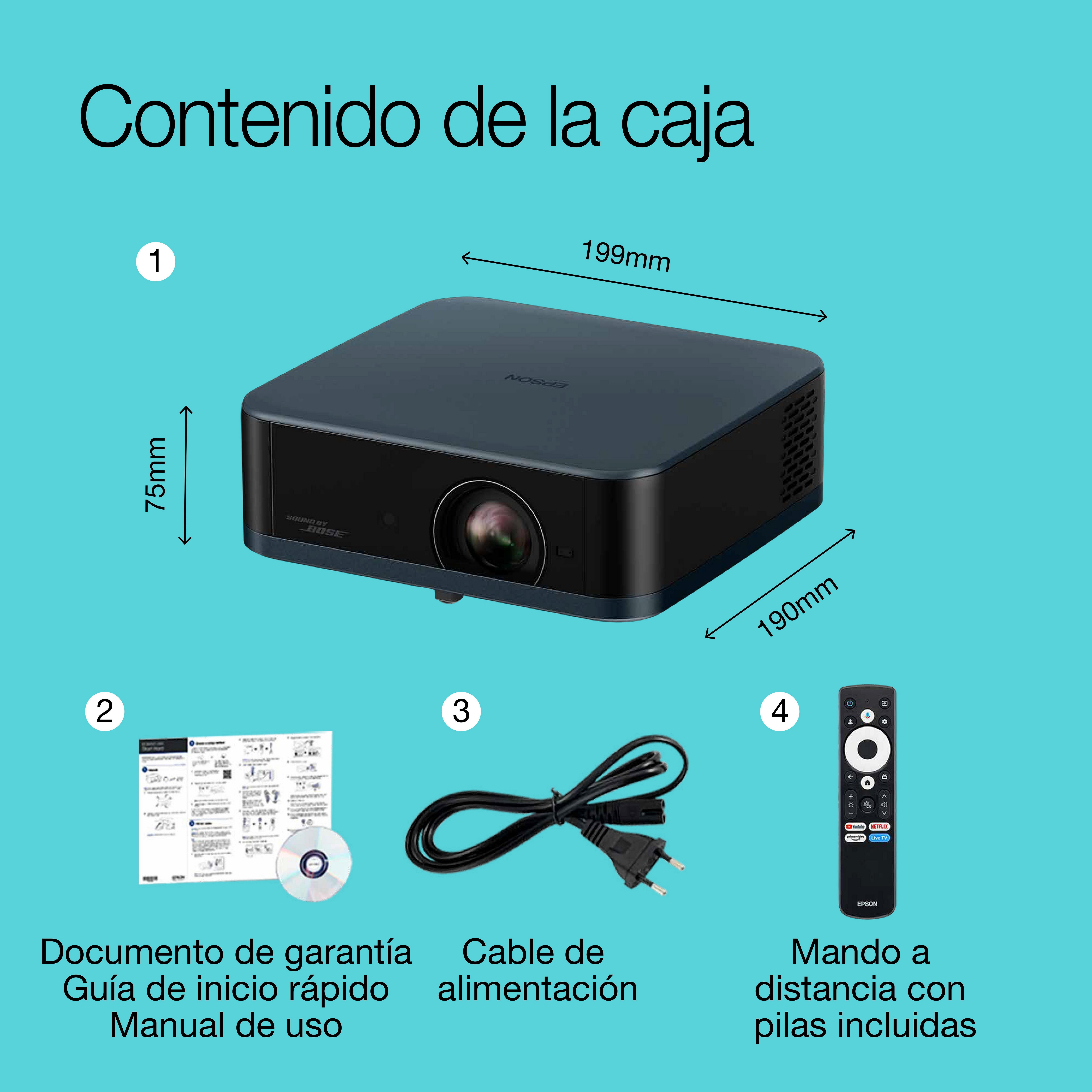Epson Lifestudio Pop EF-62N, proyector portátil inteligente, Sound by Bose, Google TV, 4K Pro UHD, uso en interior/exterior, 5 años de garantía* whats in the box