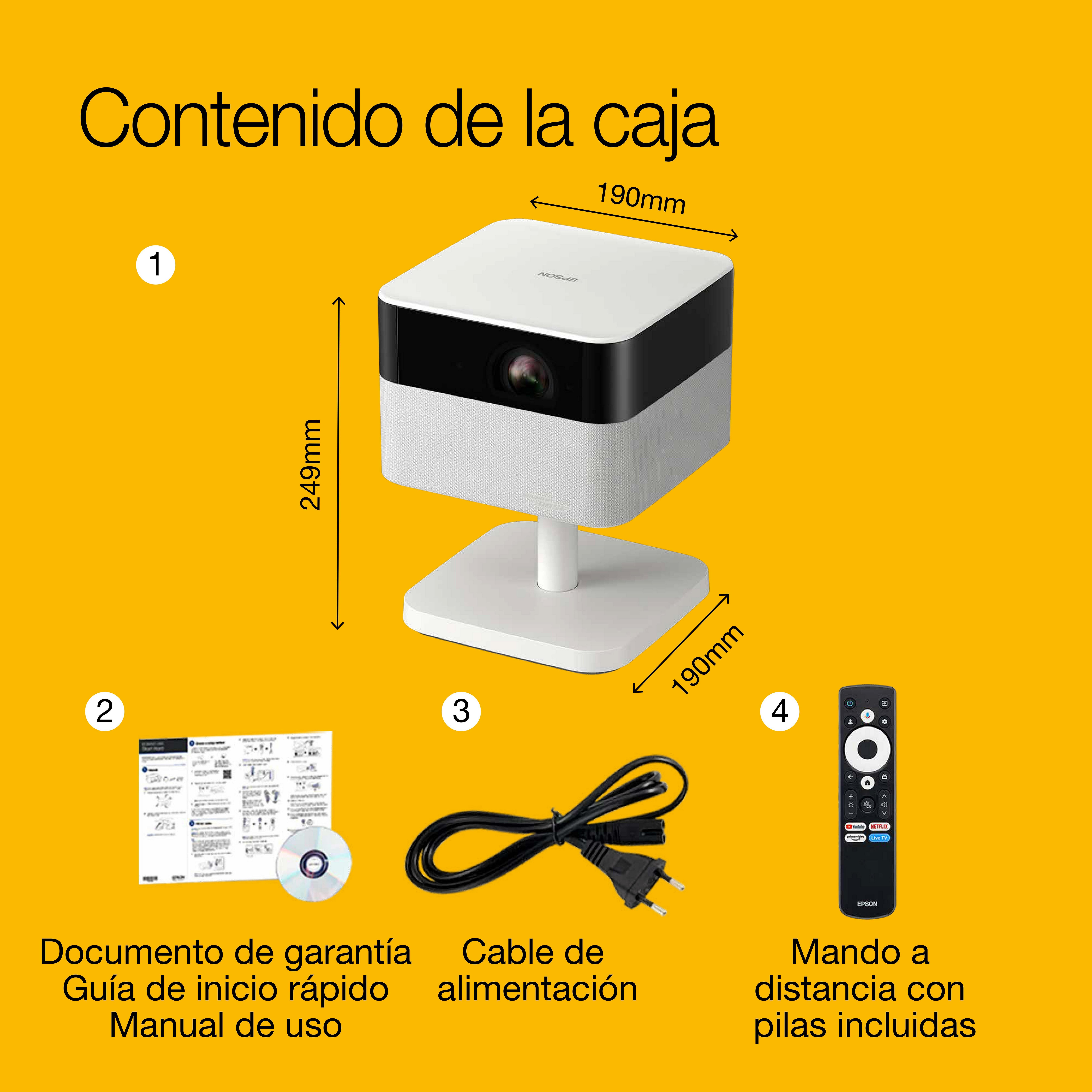 Epson Lifestudio Flex EF-71 Blanco diamante, proyector portátil smart, Sound by Bose, Google TV, Full HD, soporte ajustable, uso en interiores/exteriores, 5 años de garantía* whats in the box