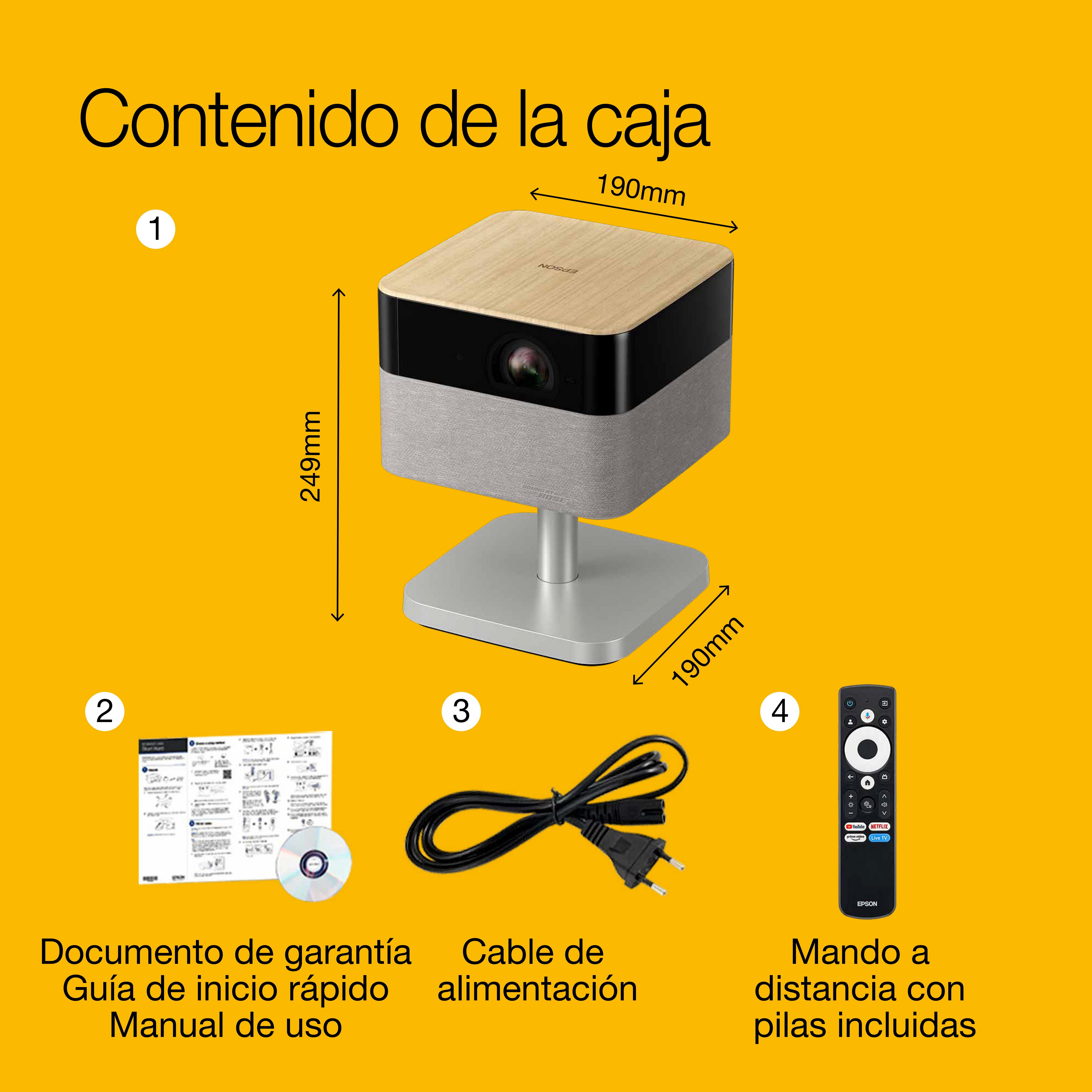 Epson Lifestudio Flex EF-72 Roble, proyector portátil smart, Sound by Bose, Google TV, 4K Pro UHD, Función de lámpara lateral LED, soporte ajustable, uso en interiores/exteriores, 5 años de garantía* whats in the box