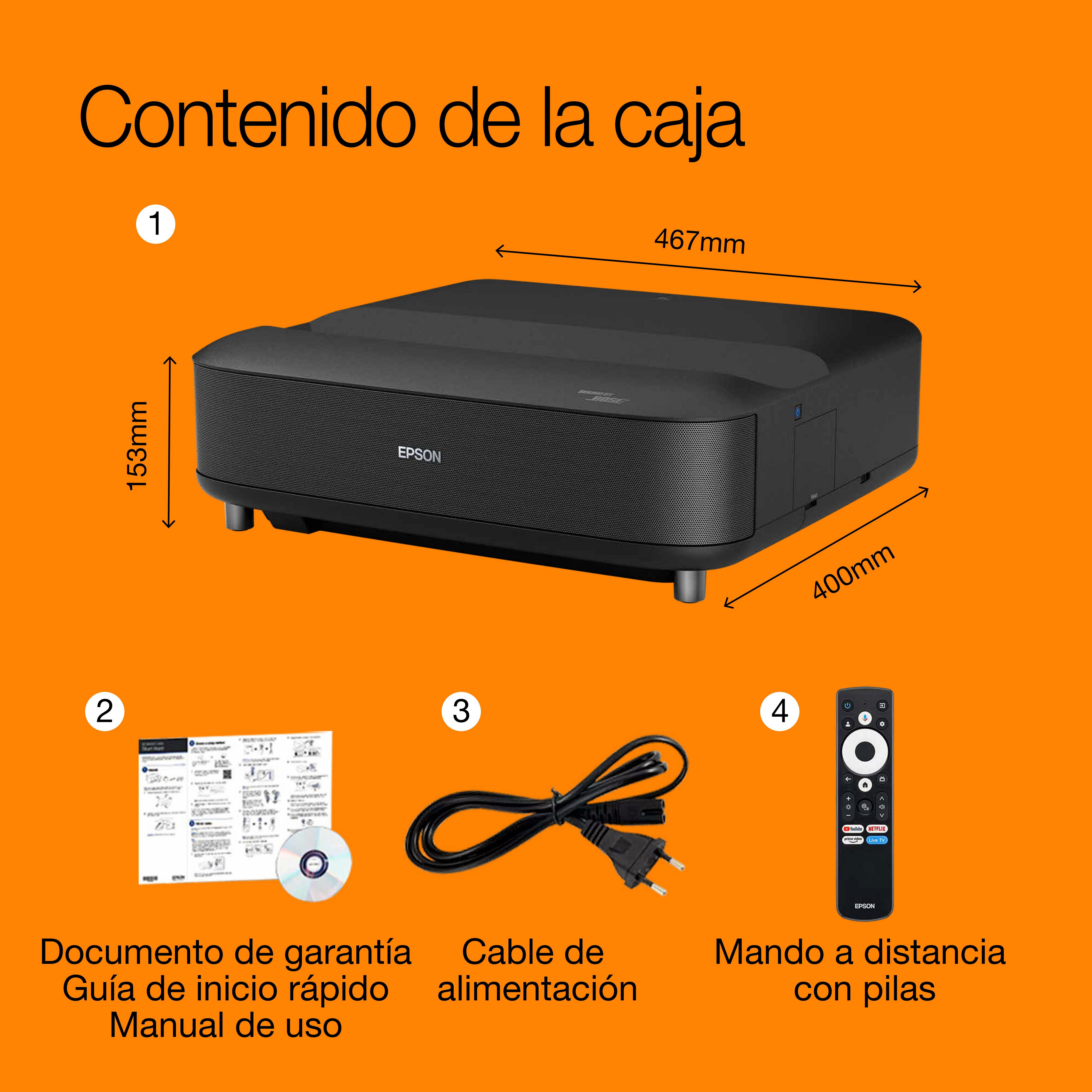 Epson Lifestudio Grand EH-LS670B Negro metálico, proyector láser inteligente de distancia ultracorta, 4K PRO UHD, Sound by Bose, Google TV, pantallas de hasta 120″, 5 años de garantía* whats in the box