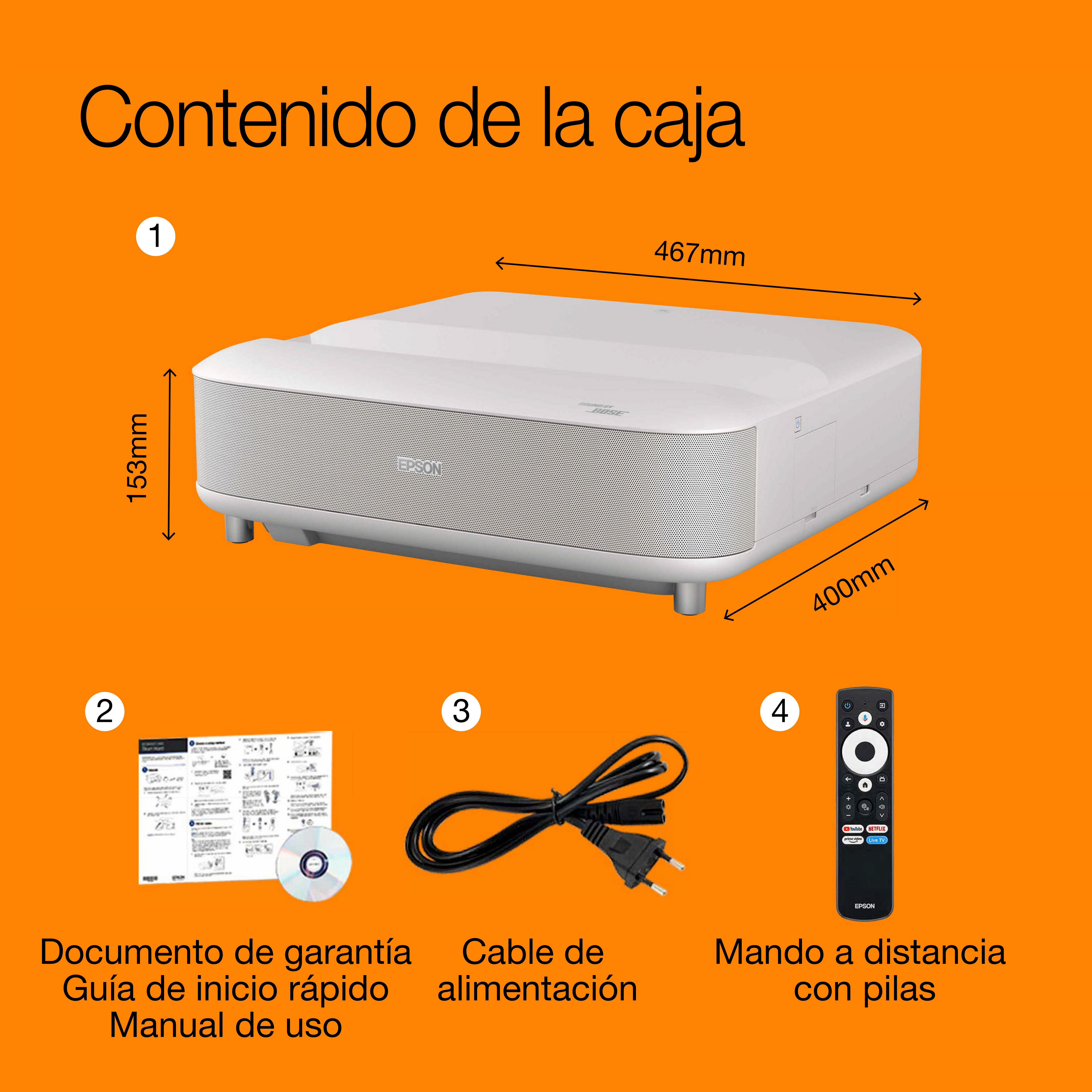 Epson Lifestudio Grand EH-LS670W Blanco diamante, proyector láser inteligente de distancia ultracorta, 4K PRO UHD, Sound by Bose, Google TV, pantallas de hasta 120″, 5 años de garantía* whats in the box