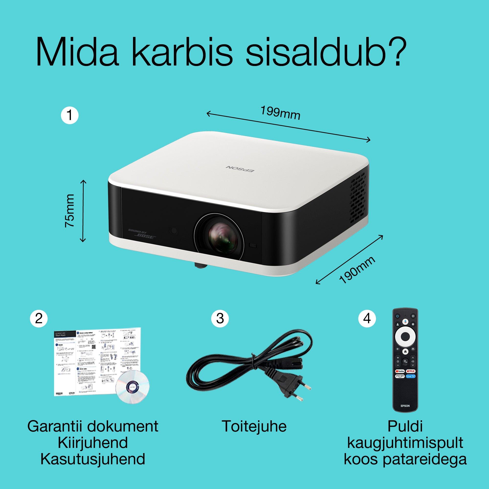 Epson Lifestudio Pop EF-61W teemantvalge, kaasaskantav Smart-projektor, Sound by Bose, Google TV, Täis-HD, sise- ja välistingimustes kasutamiseks, 5-aastane garantii* whats in the box