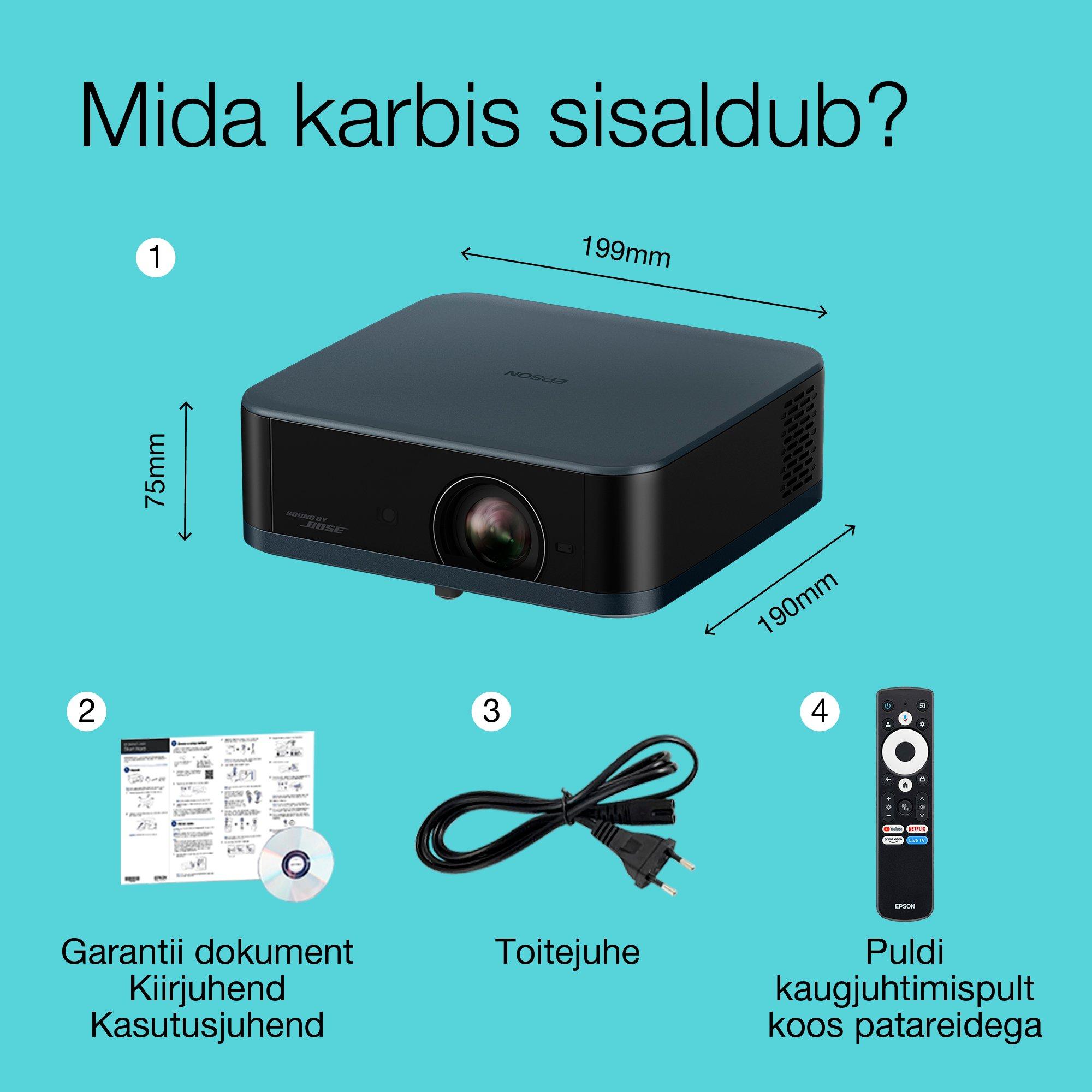Epson Lifestudio Pop Plus EF-62N, 4K PRO-UHD nutiteleri projektor, kaasaskantav, 700 luumenit, Sound by Bose, Google TV, 150'' ekraan whats in the box