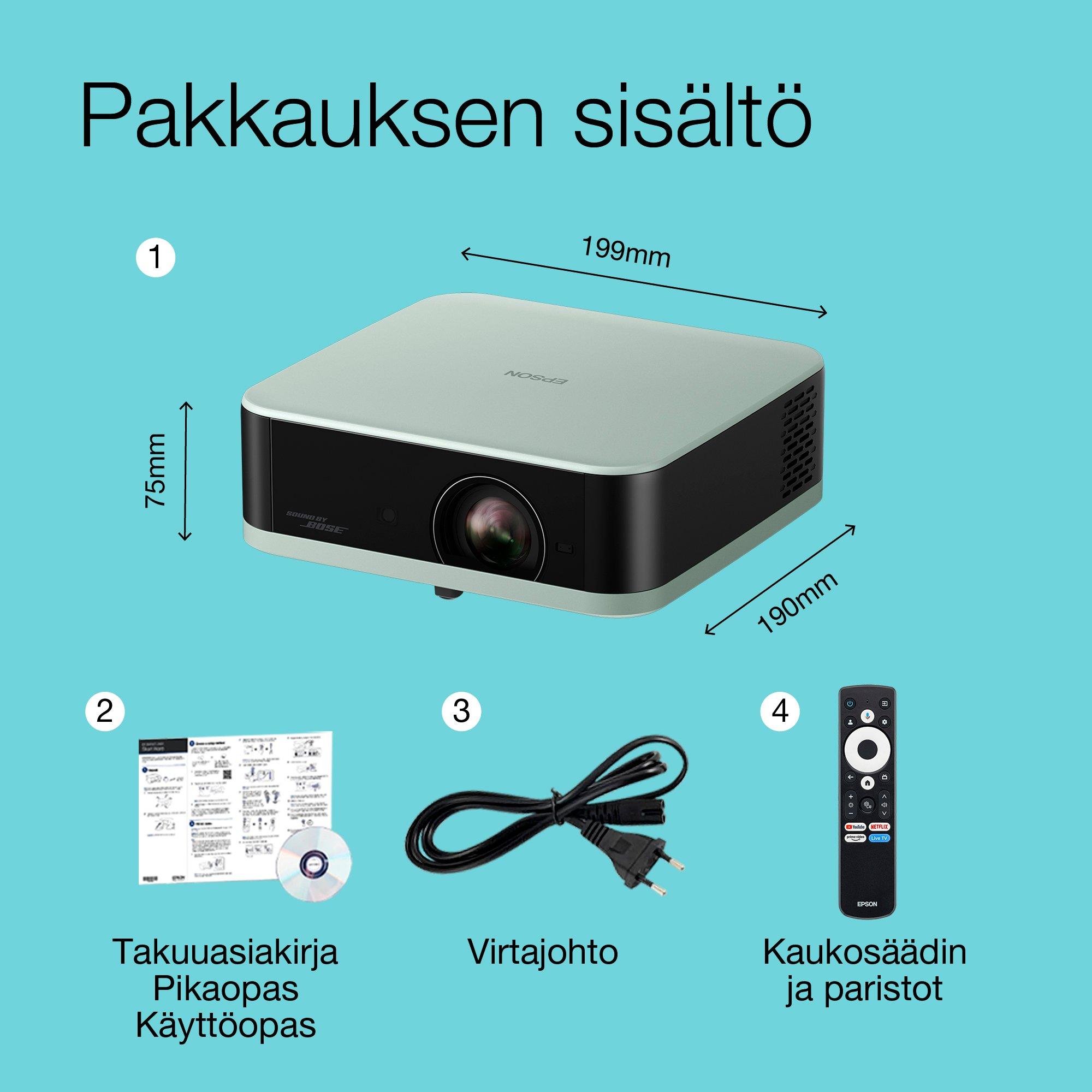 Epson Lifestudio Pop EF-61G, Full HD 1080p Smart TV ‑projektori, kannettava, 700 lumenia, Sound by Bose, Google TV, 150 tuuman näyttö whats in the box