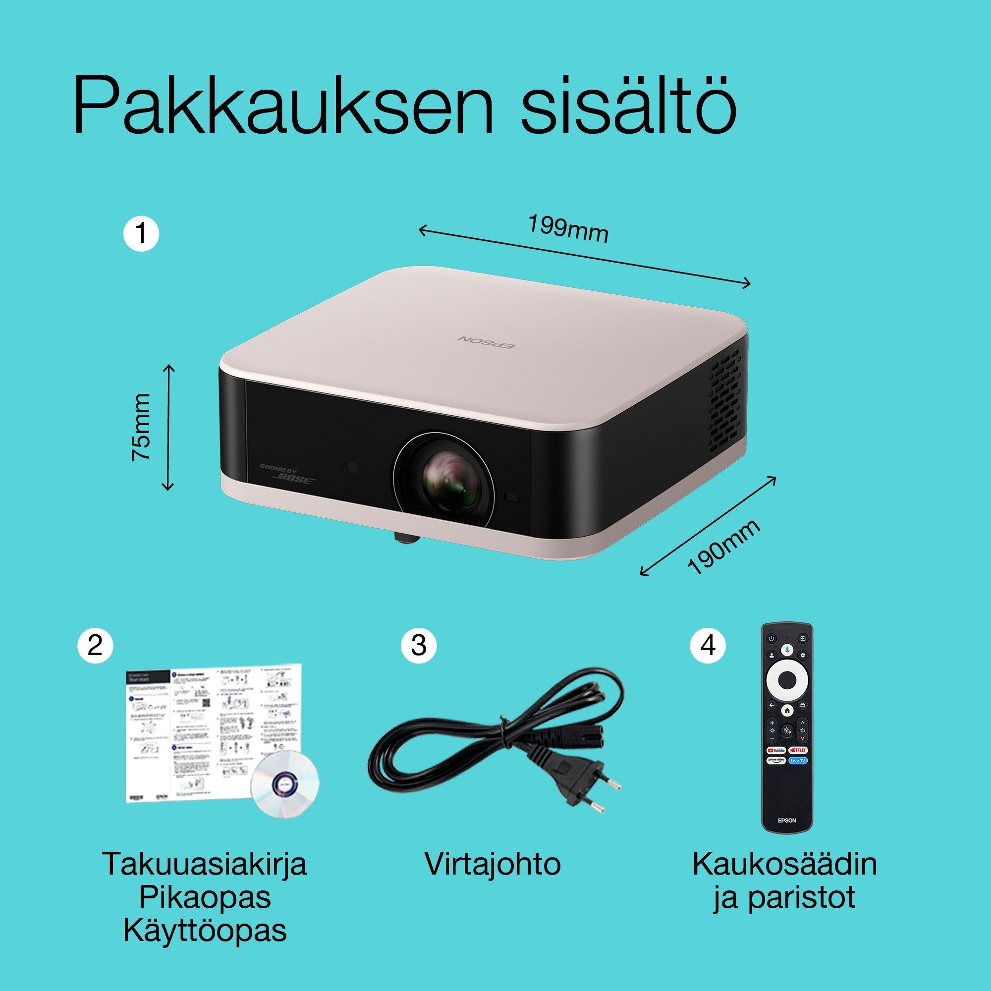 Epson Lifestudio Pop EF-61R ruusukvartsi, kannettava älyprojektori, Sound by Bose, Google TV, Full HD, sisä-/ulkokäyttö, 5 vuoden takuu* whats in the box