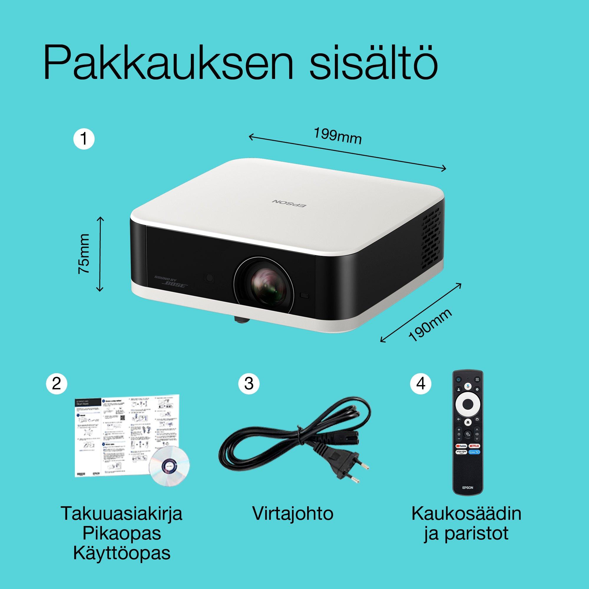Epson Lifestudio Pop EF-61W timantinvalkoinen, kannettava älyprojektori, Sound by Bose, Google TV, Full HD, sisä-/ulkokäyttö, 5 vuoden takuu* whats in the box