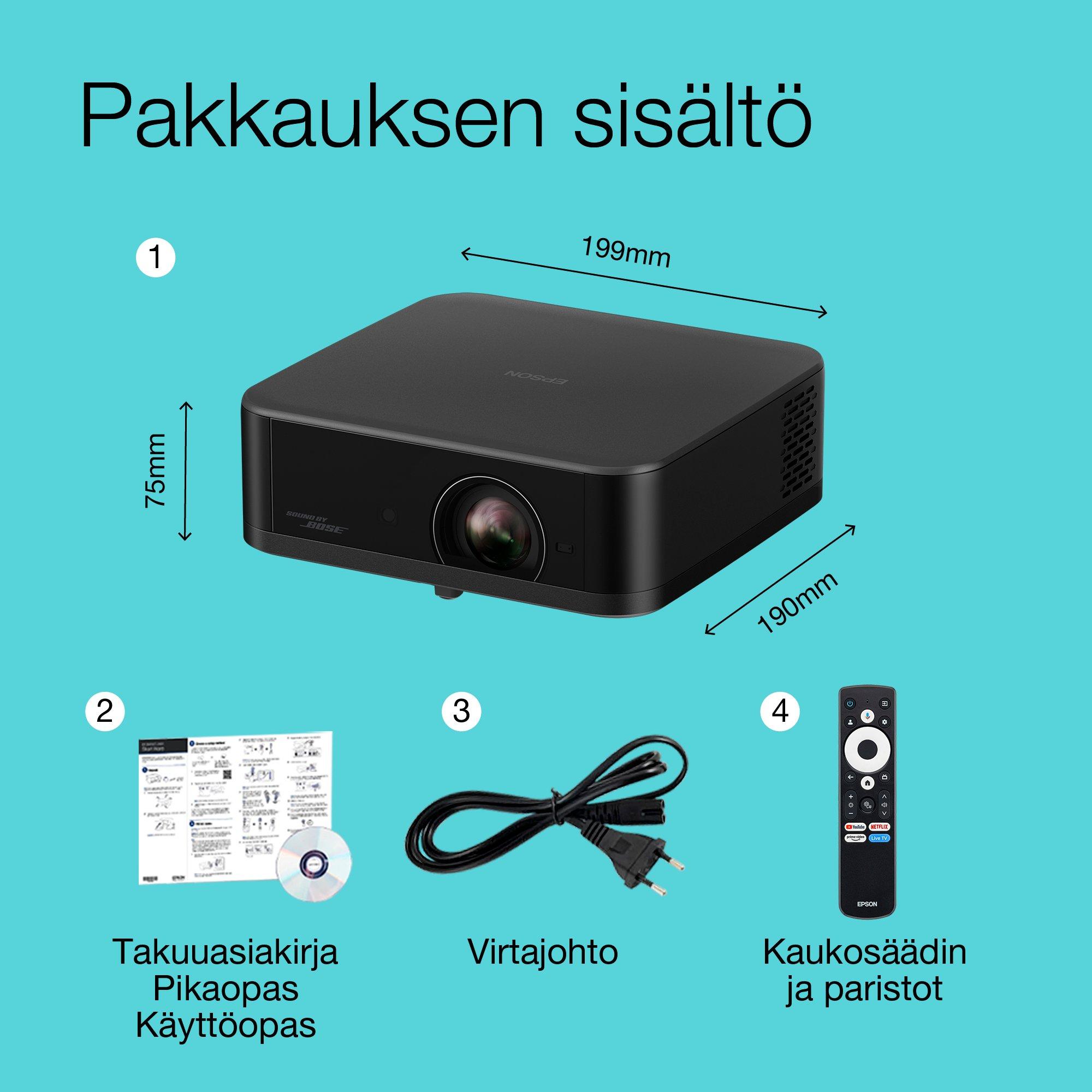 Epson Lifestudio Pop EF-62B, kannettava älyprojektori, Sound by Bose, Google TV, 4K Pro UHD, sisä-/ulkokäyttö, 5 vuoden takuu* whats in the box