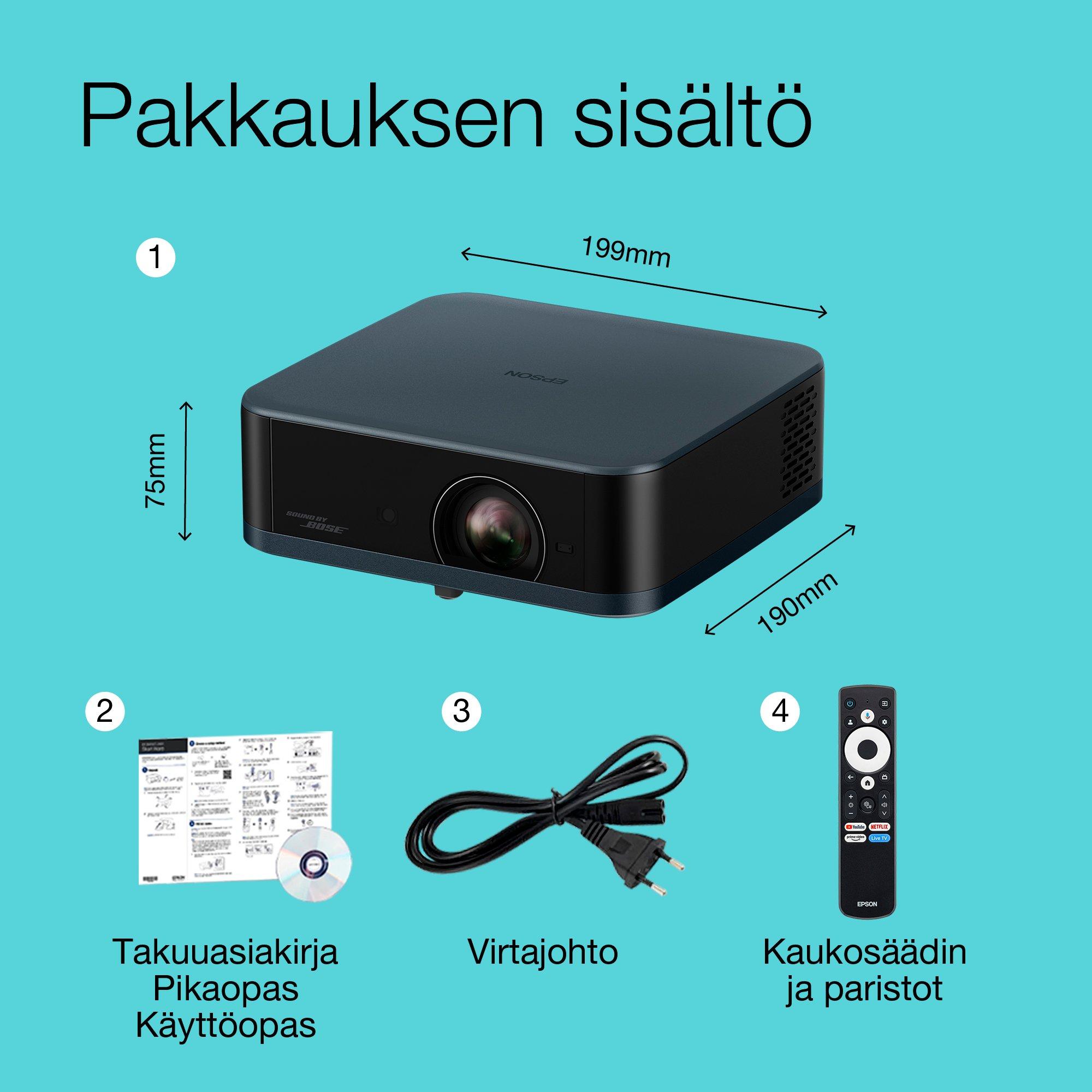 Epson Lifestudio Pop EF-62N, kannettava älyprojektori, Sound by Bose, Google TV, 4K Pro UHD, sisä-/ulkokäyttö, 5 vuoden takuu* whats in the box