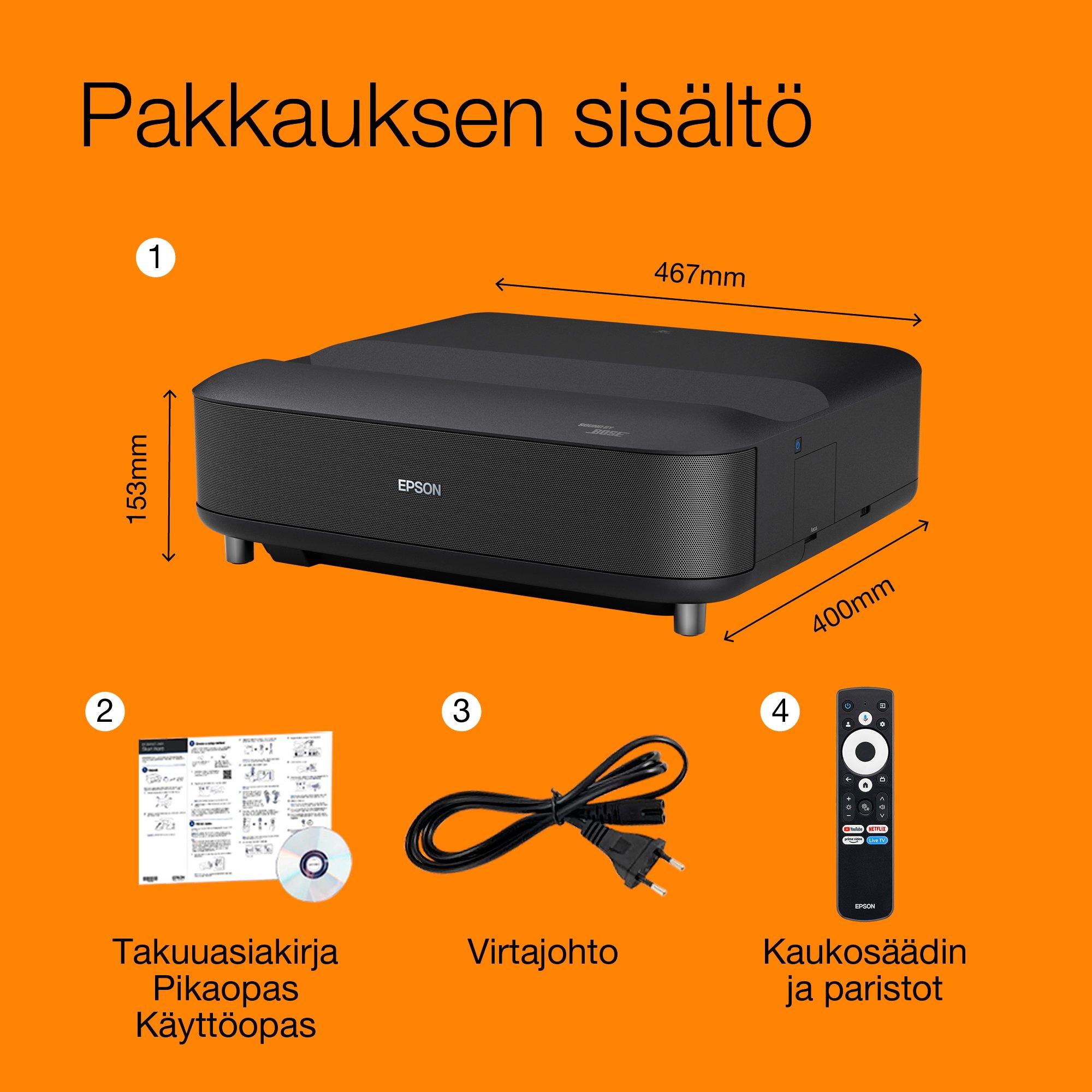 Epson Lifestudio Grand EH-LS670B metallinen musta, erittäin lyhyen heijastusetäisyyden Smart-laserprojektori, 4K PRO UHD, Sound by Bose, jopa 120 tuuman näyttö, 5 vuoden takuu* whats in the box