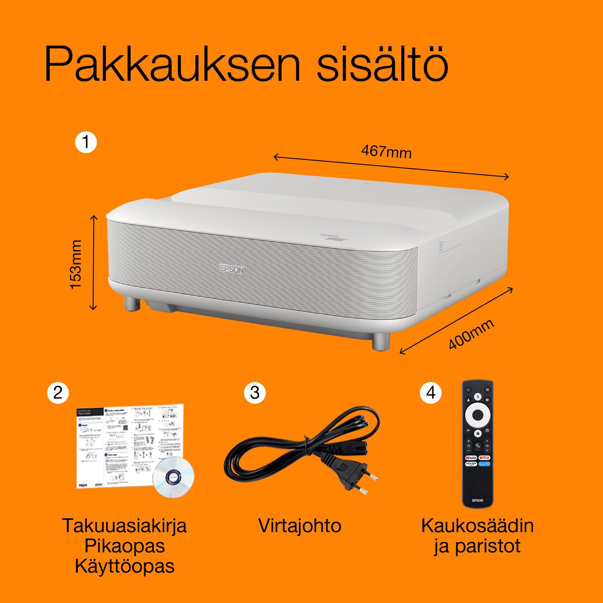 Epson Lifestudio Grand EH-LS670W timantinvalkoinen, erittäin lyhyen heijastusetäisyyden Smart-laserprojektori, 4K PRO UHD, Sound by Bose, jopa 120 tuuman näyttö, 5 vuoden takuu* whats in the box