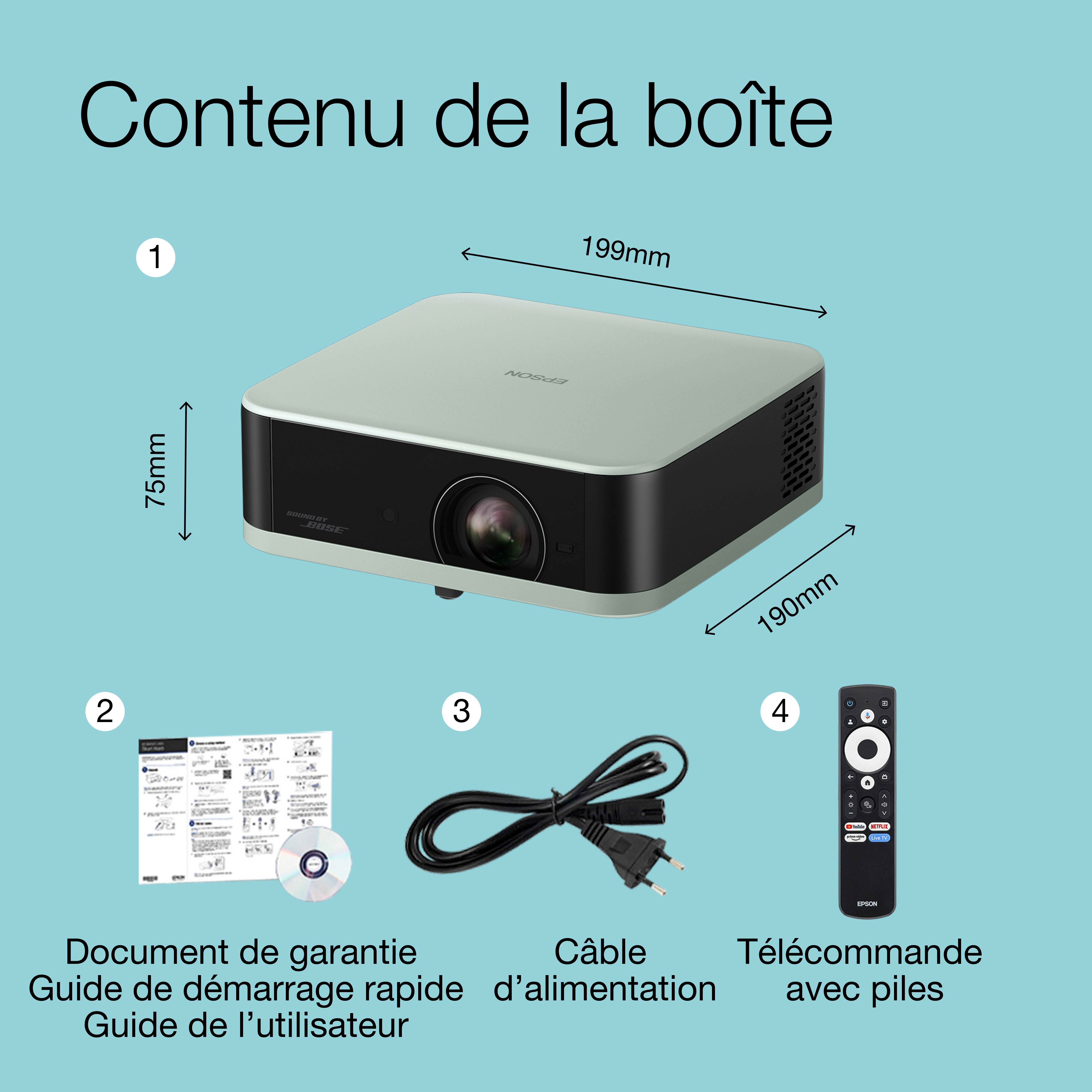 Epson Lifestudio Pop EF-61G vert glacé, Projecteur portable qualitatif, Son Bose, Google TV, HD intégrale, Utilisation en intérieur/extérieur, Garantie de 5 ans* whats in the box