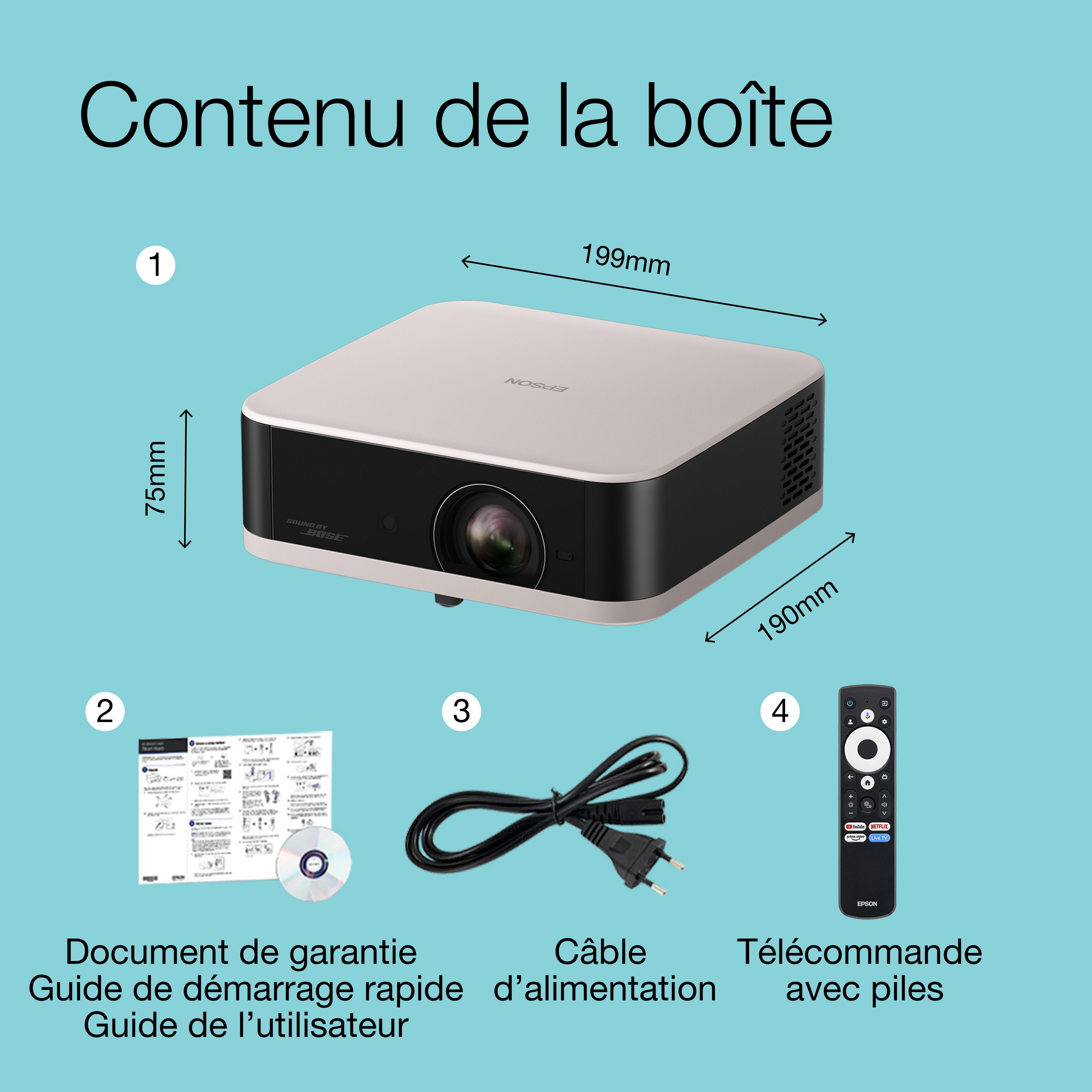 Epson Lifestudio Pop EF-61R quartz rose, Projecteur portable qualitatif, Son Bose, Google TV, HD intégrale, Utilisation en intérieur/extérieur, Garantie de 5 ans* whats in the box