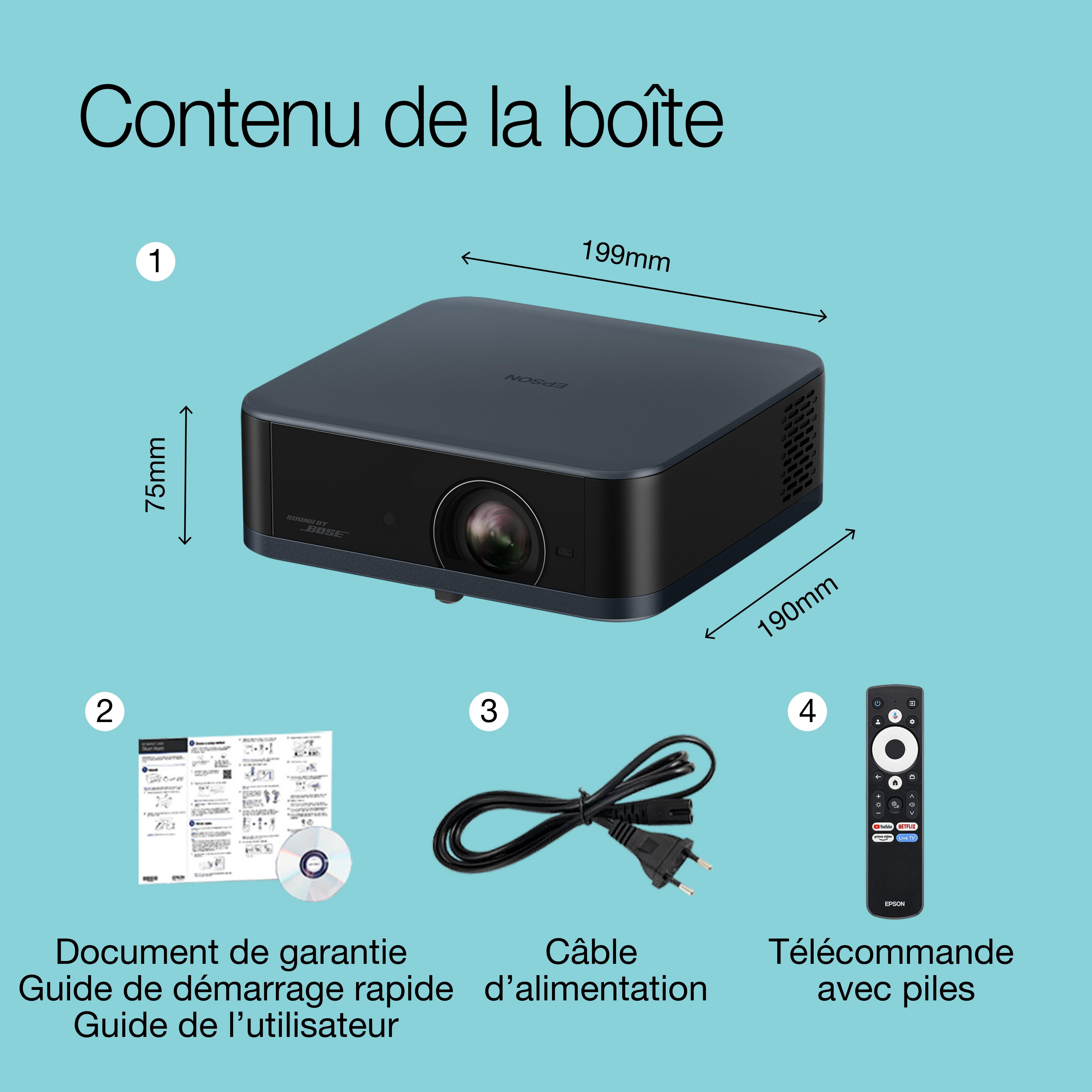 Epson Lifestudio Pop EF-62N, Projecteur portable qualitatif, Sound by Bose, Google TV, 4K Pro UHD, Utilisation en intérieur/extérieur, Garantie de 5 ans* whats in the box