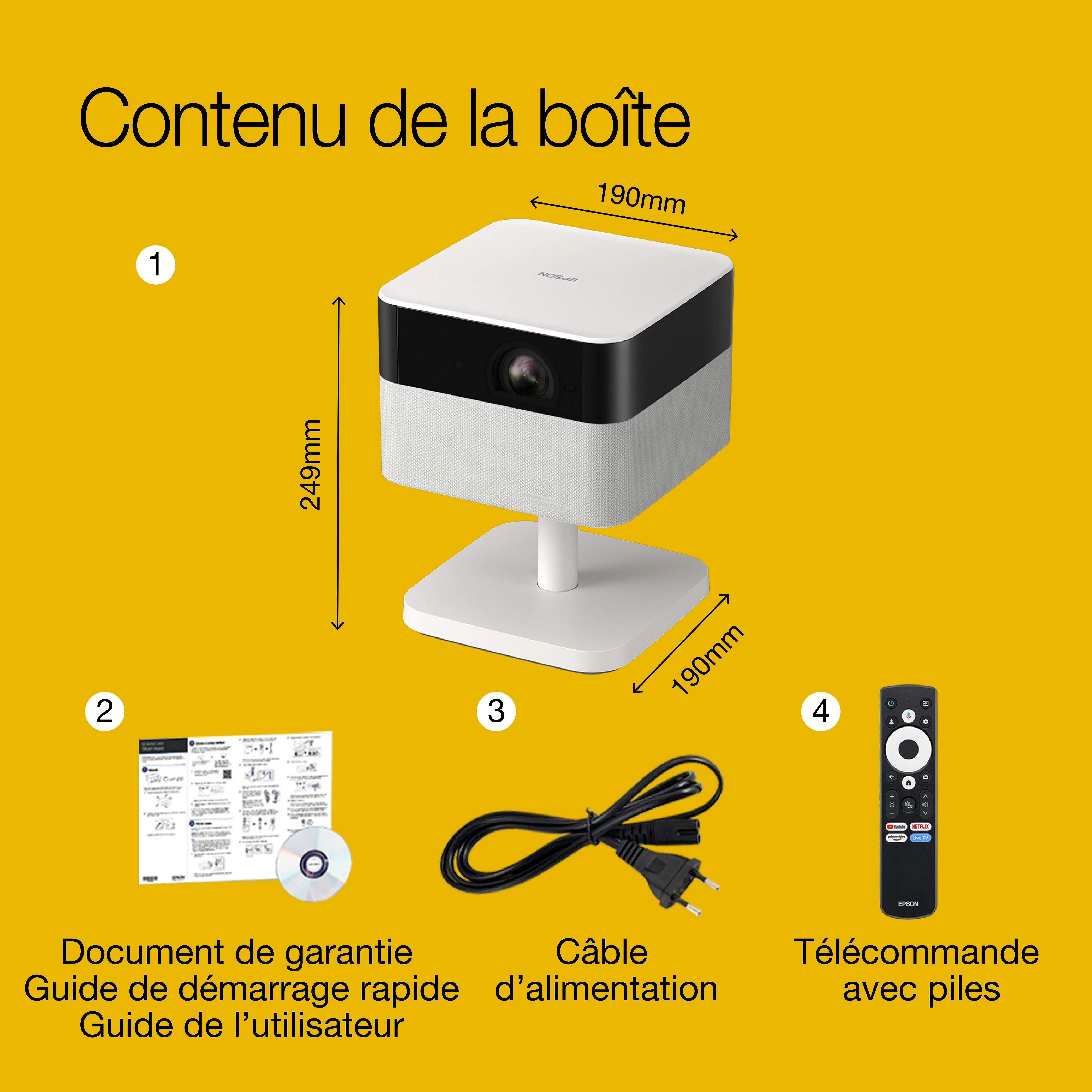 Epson Lifestudio Flex EF-71 blanc diamant, Projecteur portatif smart, Sound by Bose, Google TV, HD intégrale, Pied réglable, Usage intérieur/extérieur, Garantie 5 ans* whats in the box