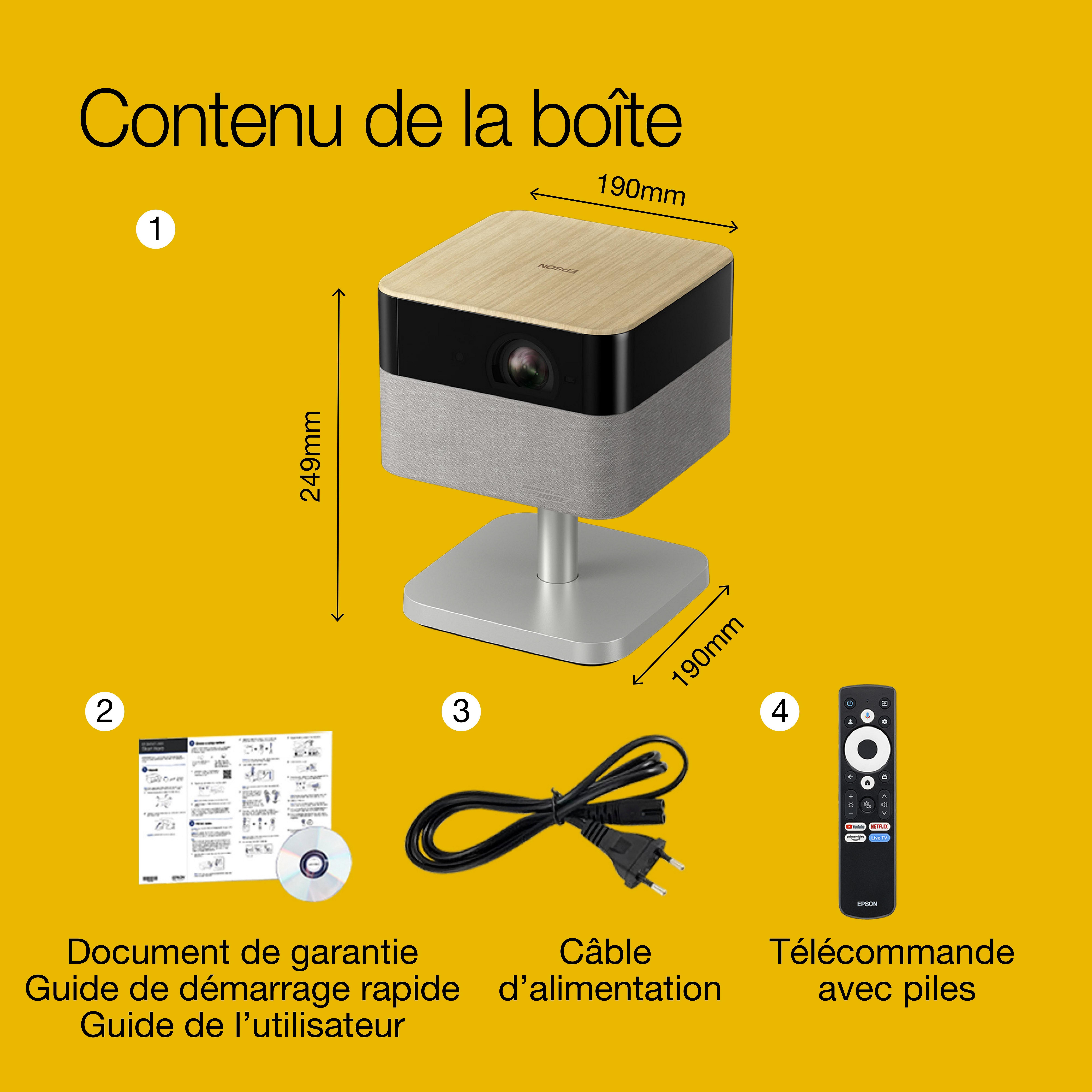 Epson Lifestudio Flex EF-72 Chênet, Projecteur portatif smart, Sound by Bose, Google TV, 4K Pro UHD, Fonction lampe latérale LED, Pied réglable, Usage intérieur/extérieur, Garantie 5 ans* whats in the box