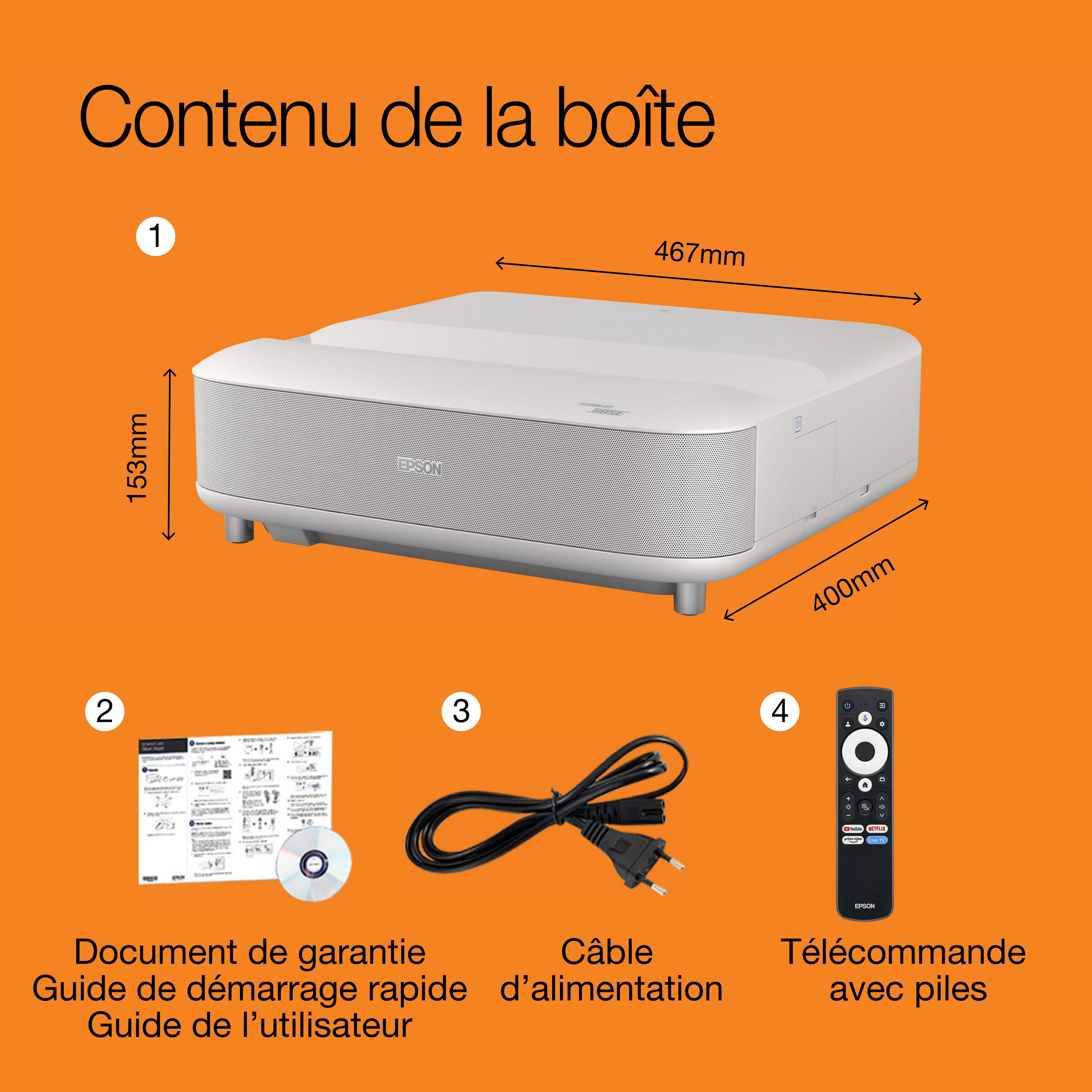 Epson Lifestudio Grand EH-LS670W diamant blanc, Projecteur laser intelligent à ultracourte focale, 4K PRO UHD, Sound by Bose, Google TV, taille d’image jusqu’à 120 pouces (305 cm), garantie de cinq ans* whats in the box