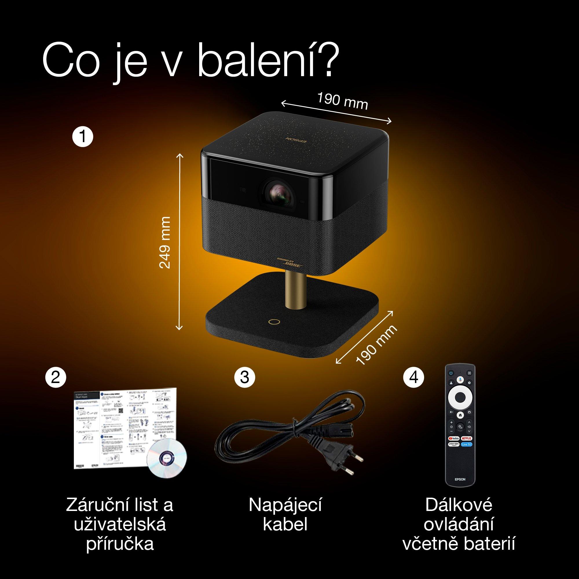 Epson Lifestudio Flex Speciální edice Lux – EF-73 Night Black, přenosný chytrý projektor, Sound by Bose, Google TV, 4K Pro UHD, mobilní bezdrátové nabíjení, použití ve vnitřních/venkovních prostorách, 5letá záruka* whats in the box