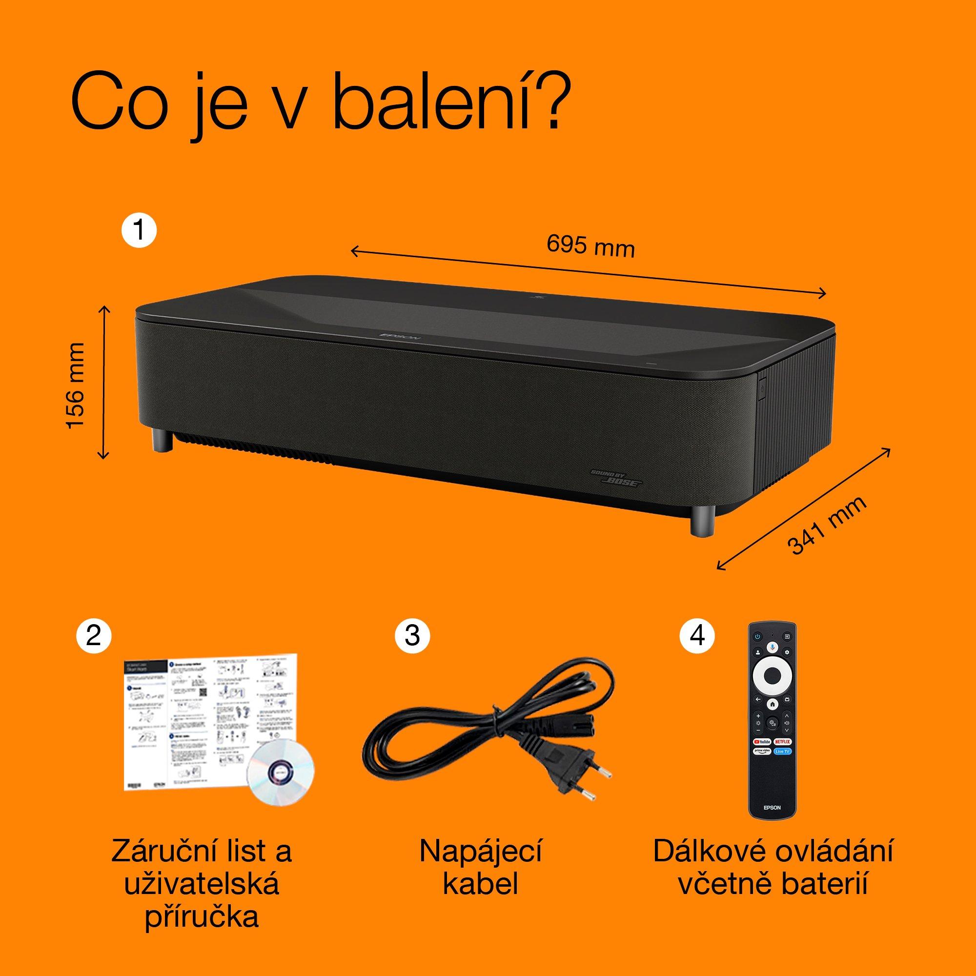 Epson Lifestudio Grand Plus EH-LS970B, metalická černá, inteligentní laserový projektor s velmi krátkou projekční vzdáleností, 4K rozlišení domácího kina, Sound by Bose, Google TV whats in the box