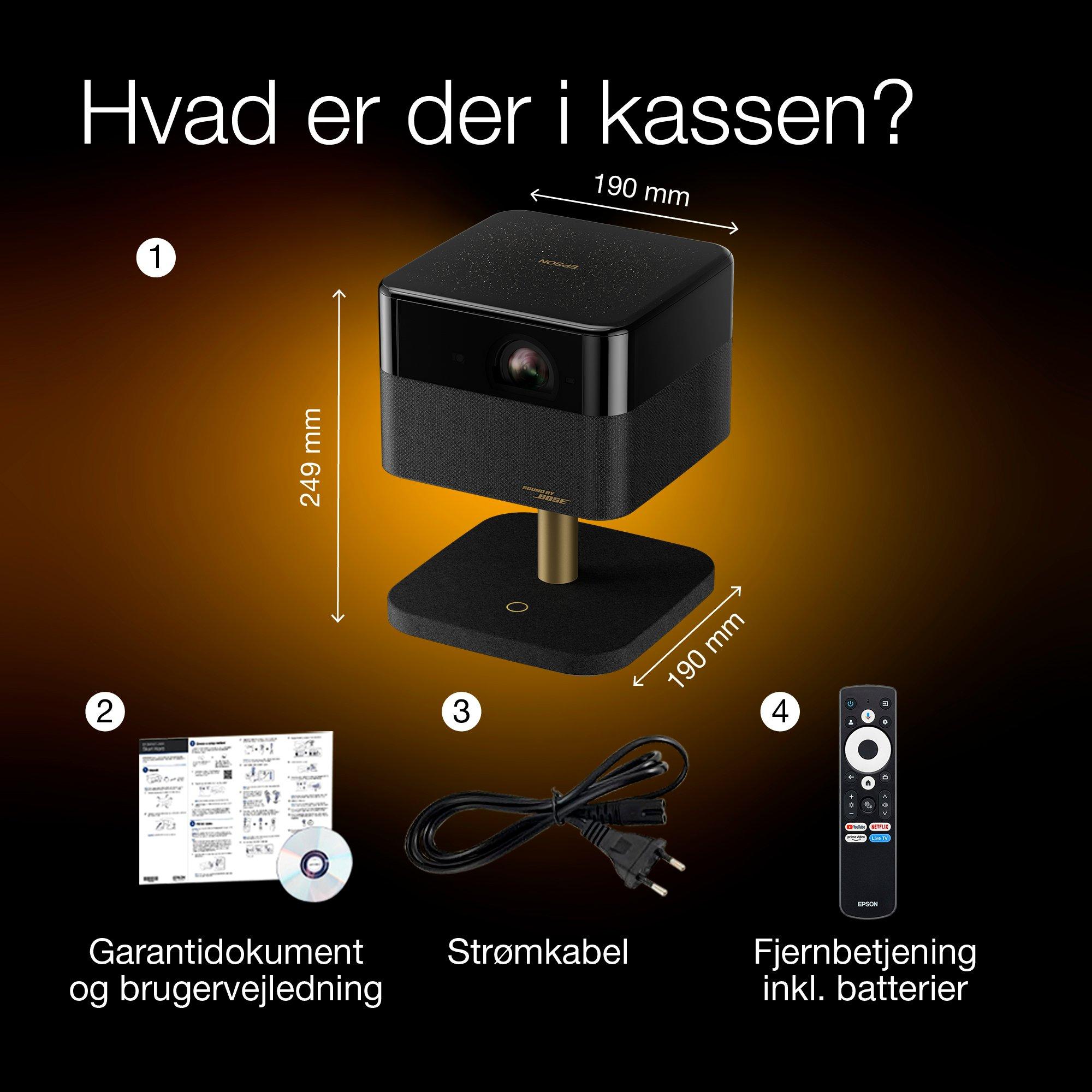 Epson Lifestudio Flex Plus EF-73, 4K PRO-UHD Smart TV-projektor, bærbar, 1.000 lumen, Sound by Bose, Google TV, 150'' skærm whats in the box