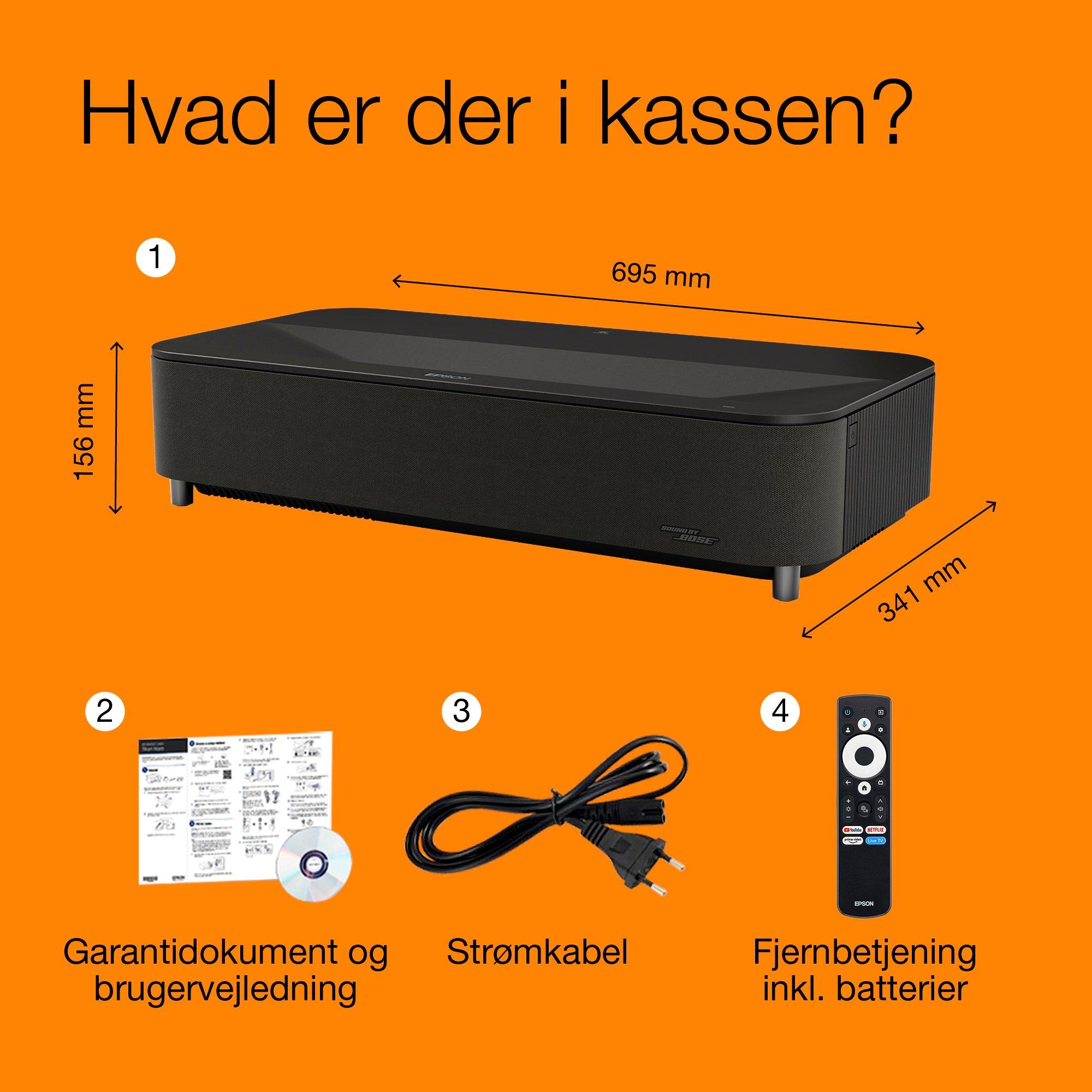 Epson Lifestudio Grand Plus EH-LS970B, Ultra-Short Throw Smart-laserprojektor-TV, hjemmebiograf 4K, 4.000 lumen, Sound by Bose, Google TV, 150'' skærm, 5 års garanti whats in the box