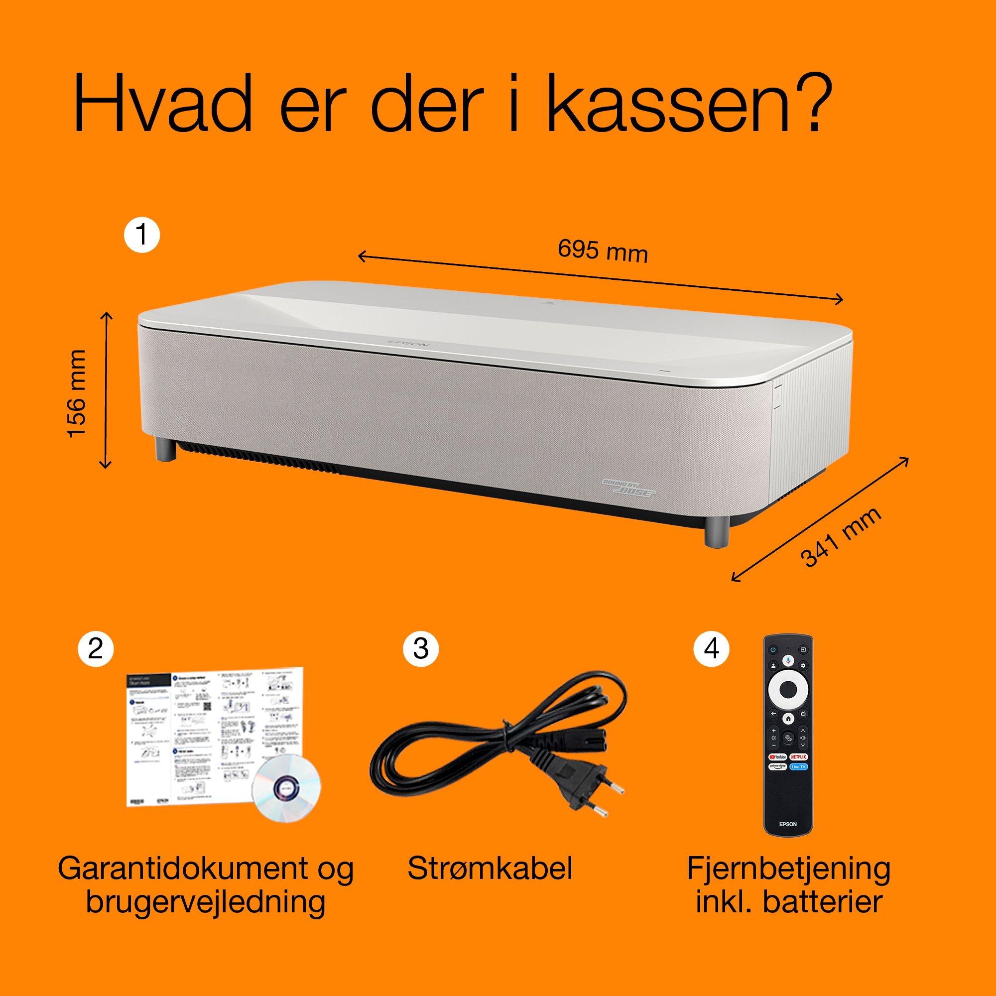 Epson Lifestudio EH-LS670W, Ultra-Short Throw Smart-laserprojektor-TV, 4K PRO-UHD, 3.600 lumen, Sound by Bose, Google TV, 120'' skærm, 5 års garanti whats in the box