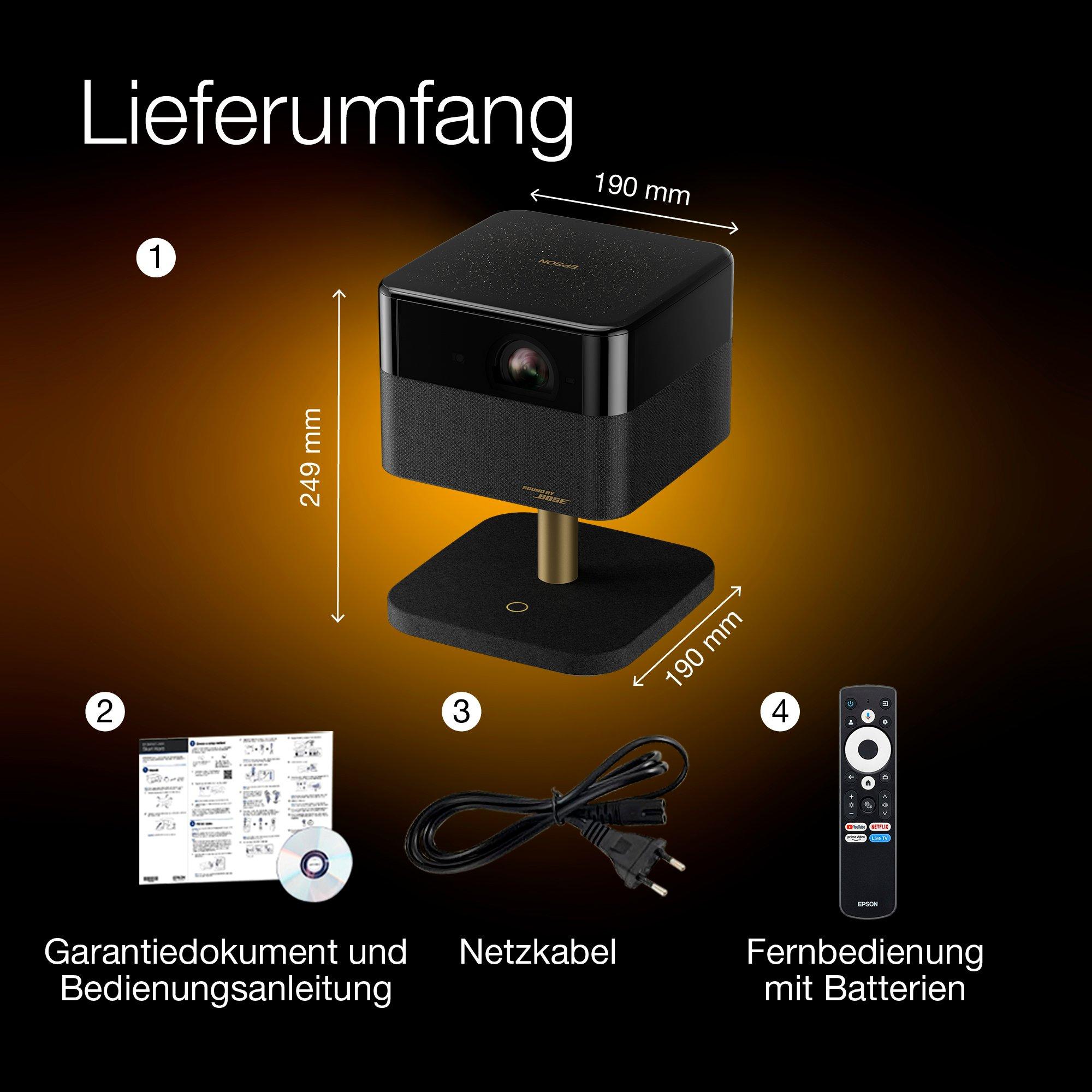 Epson Lifestudio Flex Special Lux Edition - EF-73 Night Black, tragbarer Smart-Projektor, Sound by Bose, Google TV, 4K Pro UHD, mobiles kabelloses Aufladen, Nutzung im Innen- und Außenbereich, 5 Jahre Geräteschutz* whats in the box