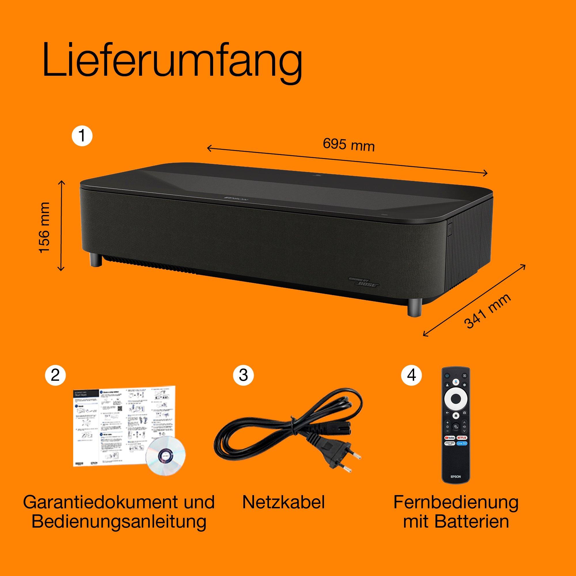 Epson Lifestudio Grand Plus EH-LS970B, Metallic Black, Ultrakurzdistanz-Smart-Laserprojektor, echte 4K Heimkinoauflösung, Sound by Bose, Google TV whats in the box