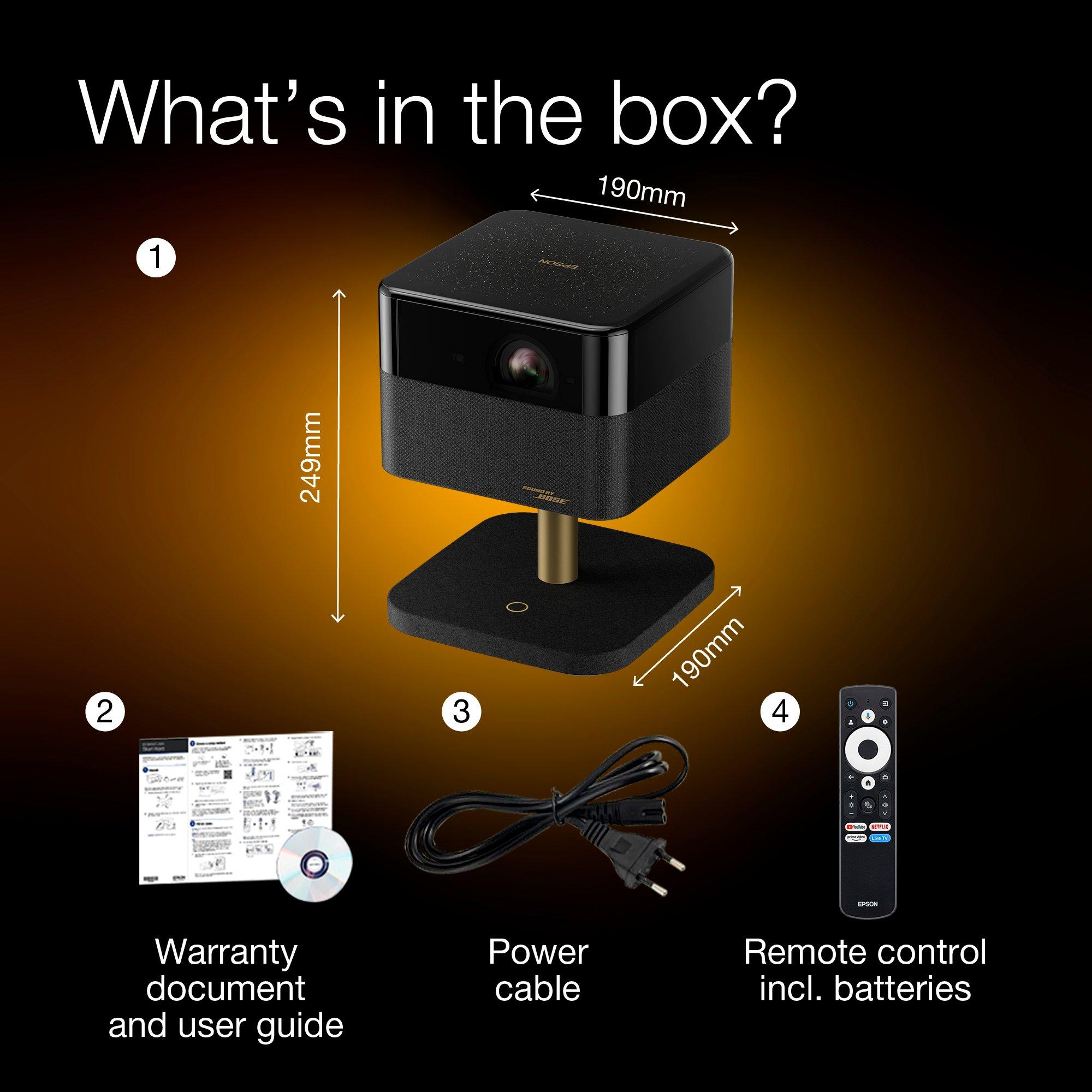 Epson Lifestudio Flex Ediție specială de lux - EF-73 Night Black, proiector inteligent portabil, Sound by Bose, Google TV, 4K Pro UHD, încărcare wireless mobilă, utilizare în interior/exterior, garanție de 5 ani* whats in the box