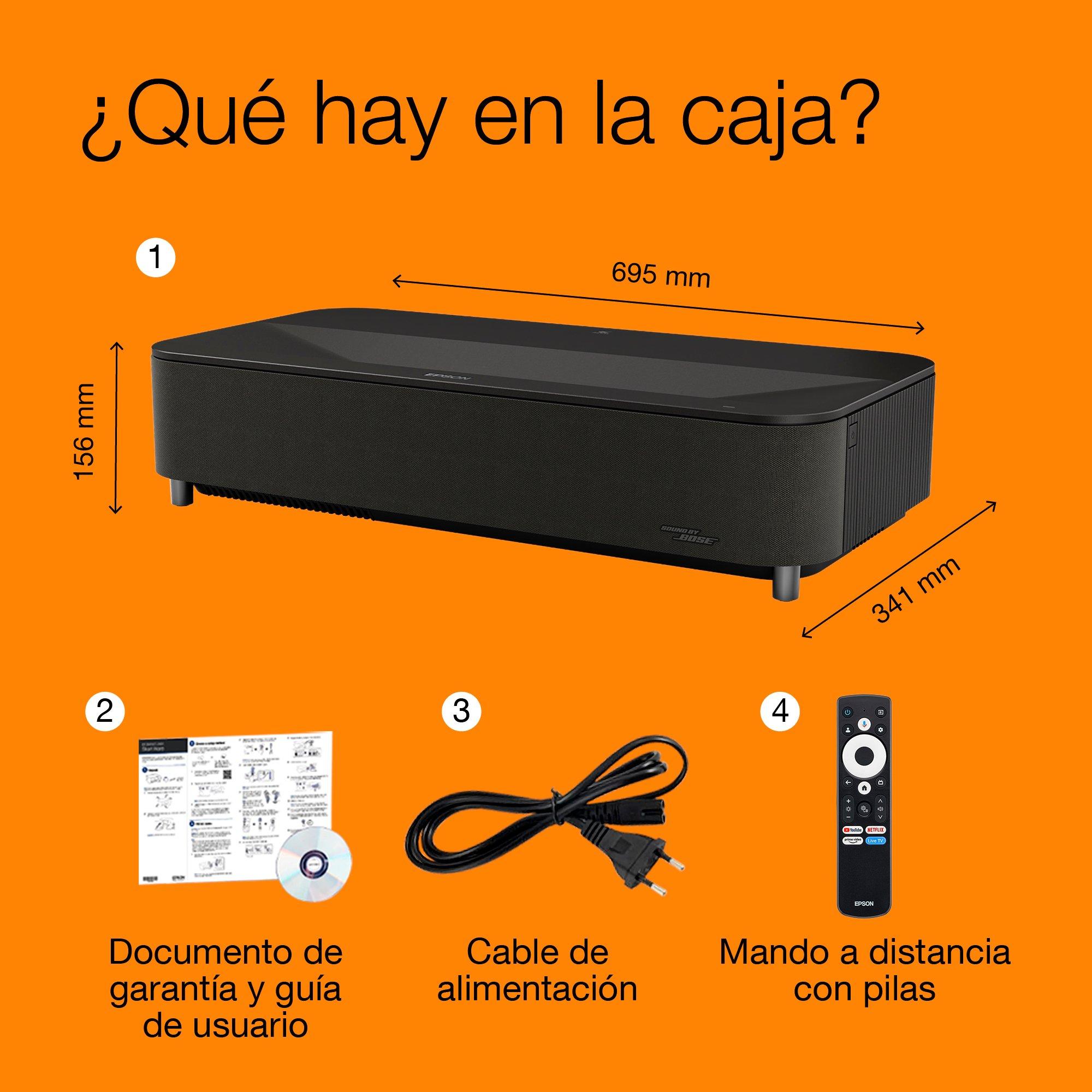 Epson Lifestudio Grand Plus EH-LS970B, negro metalizado, proyector láser inteligente de distancia ultracorta, resolución 4K para cine en casa, Sound by Bose, Google TV whats in the box