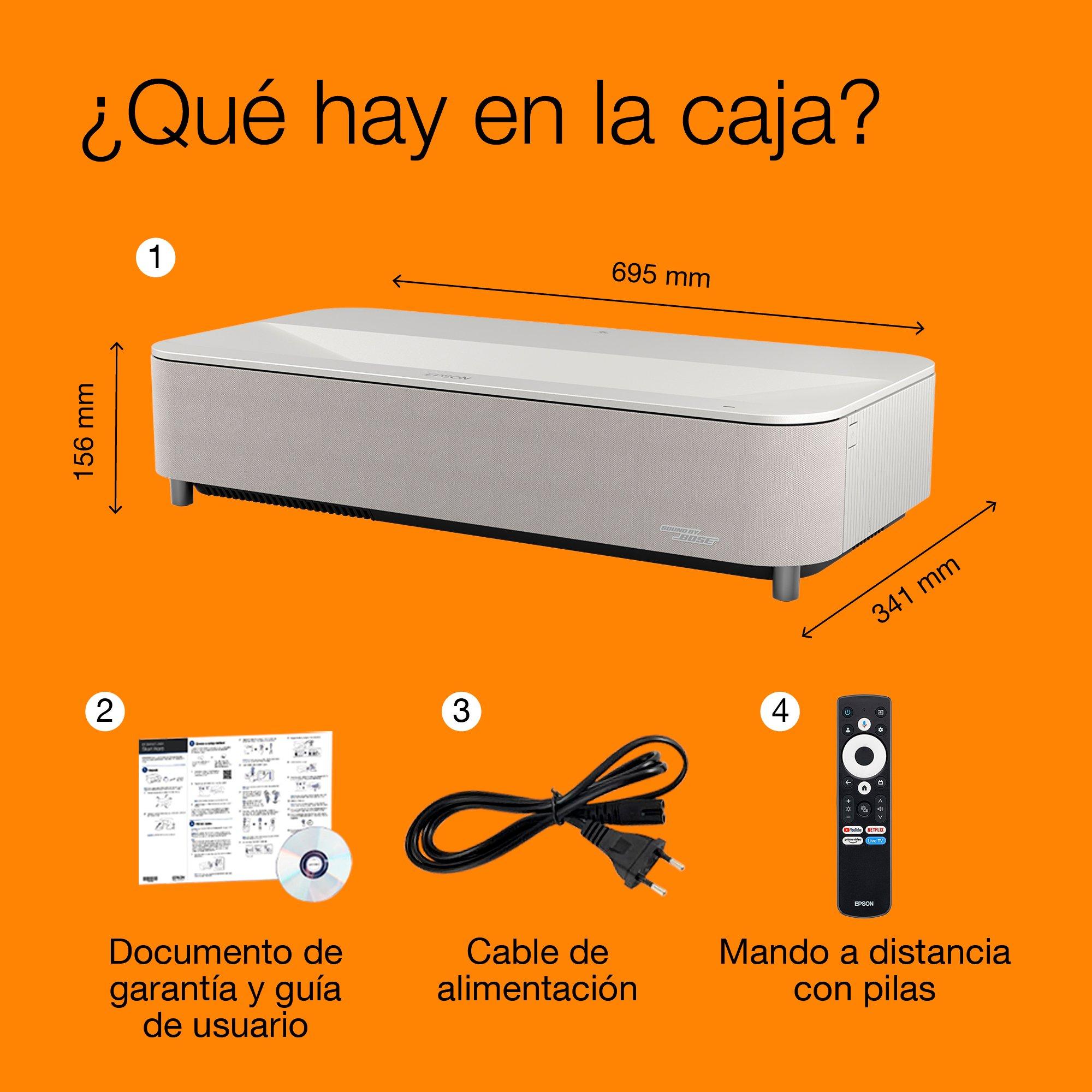 Epson Lifestudio Grand Plus EH-LS970W, proyector-TV láser inteligente de distancia ultracorta, Home Cinema 4K, 4000 lúmenes, Sound by Bose, Google TV, pantalla de 150 pulgadas, 5 años de garantía whats in the box