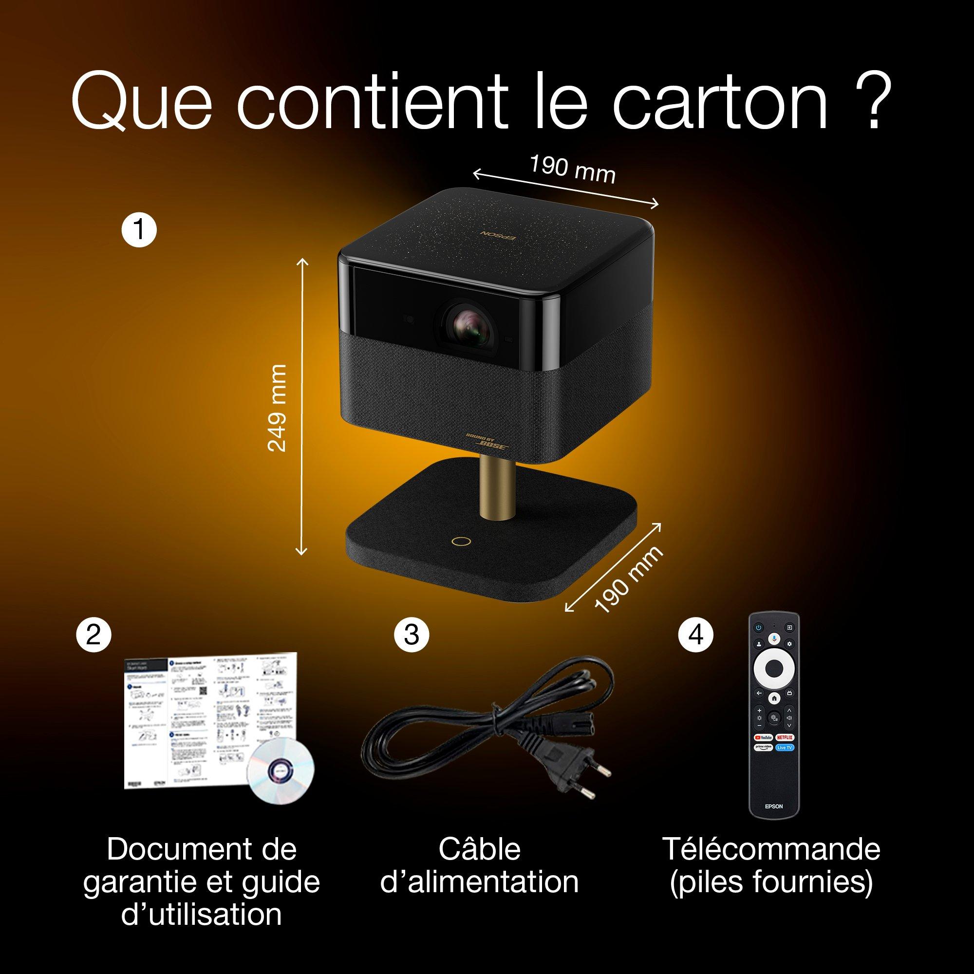 Epson Lifestudio Flex Édition spéciale luxe — EF-73 Noir profond, Projecteur intelligent portable, Sound by Bose, Google TV, 4K Pro UHD, Chargement sans fil, Usage intérieur/extérieur, Garantie 5 ans* whats in the box