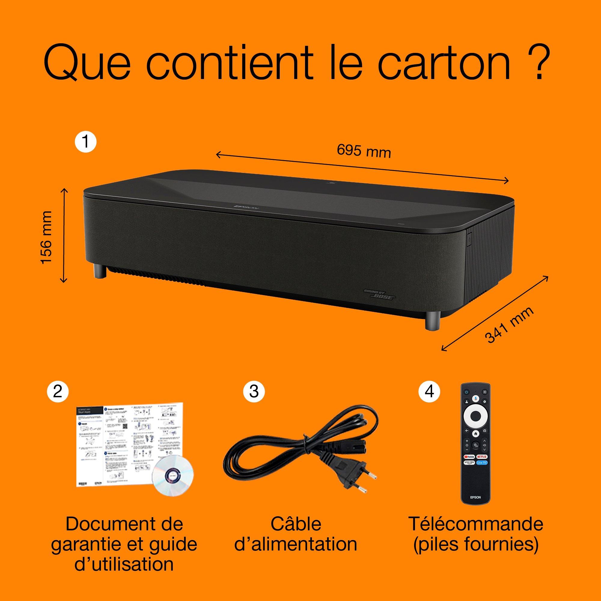 Epson Lifestudio Grand Plus EH-LS970B, noir métallique, projecteur laser intelligent à ultracourte focale, résolution home cinéma 4K, Sound by Bose, Google TV whats in the box
