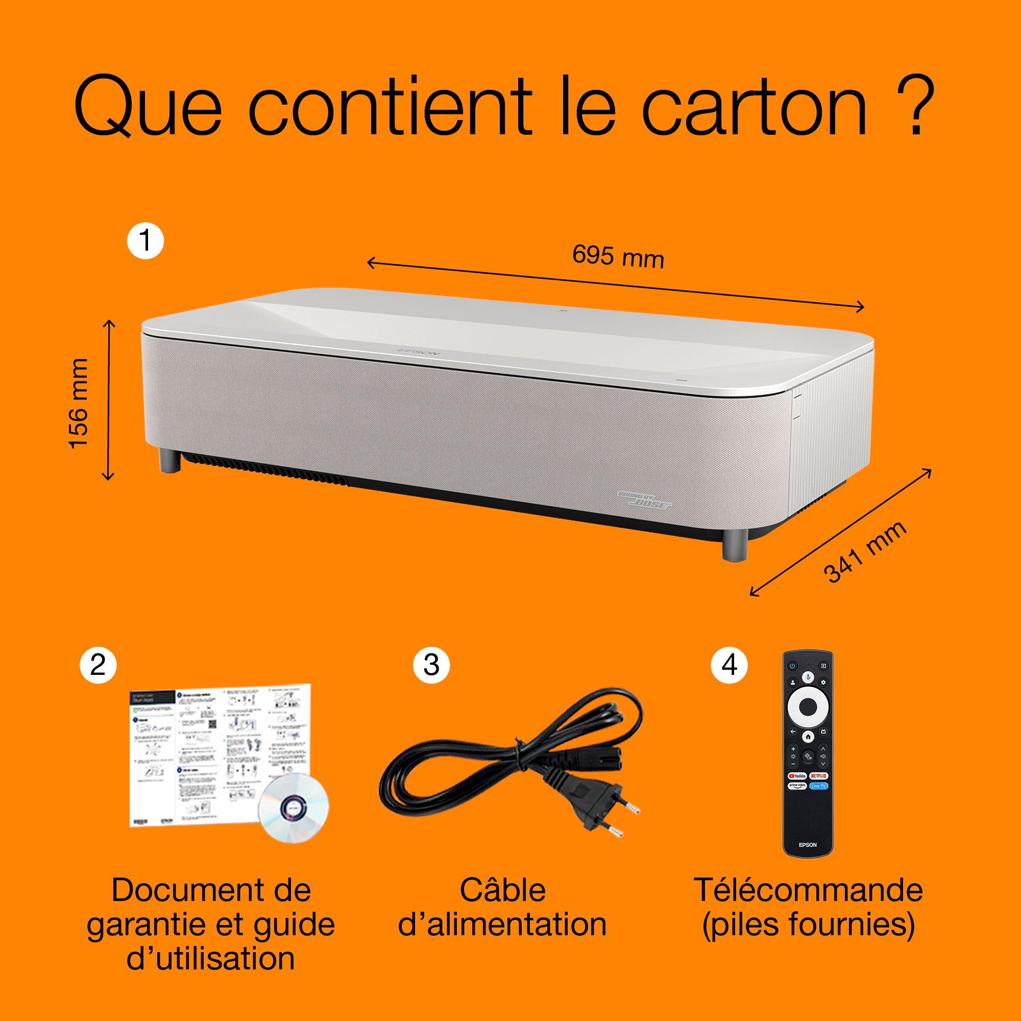 Epson Lifestudio Grand Plus EH-LS970W, Blanc diamant, projecteur laser intelligent à ultracourte focale, résolution home cinéma 4K réelle, Sound by Bose, Google TV whats in the box